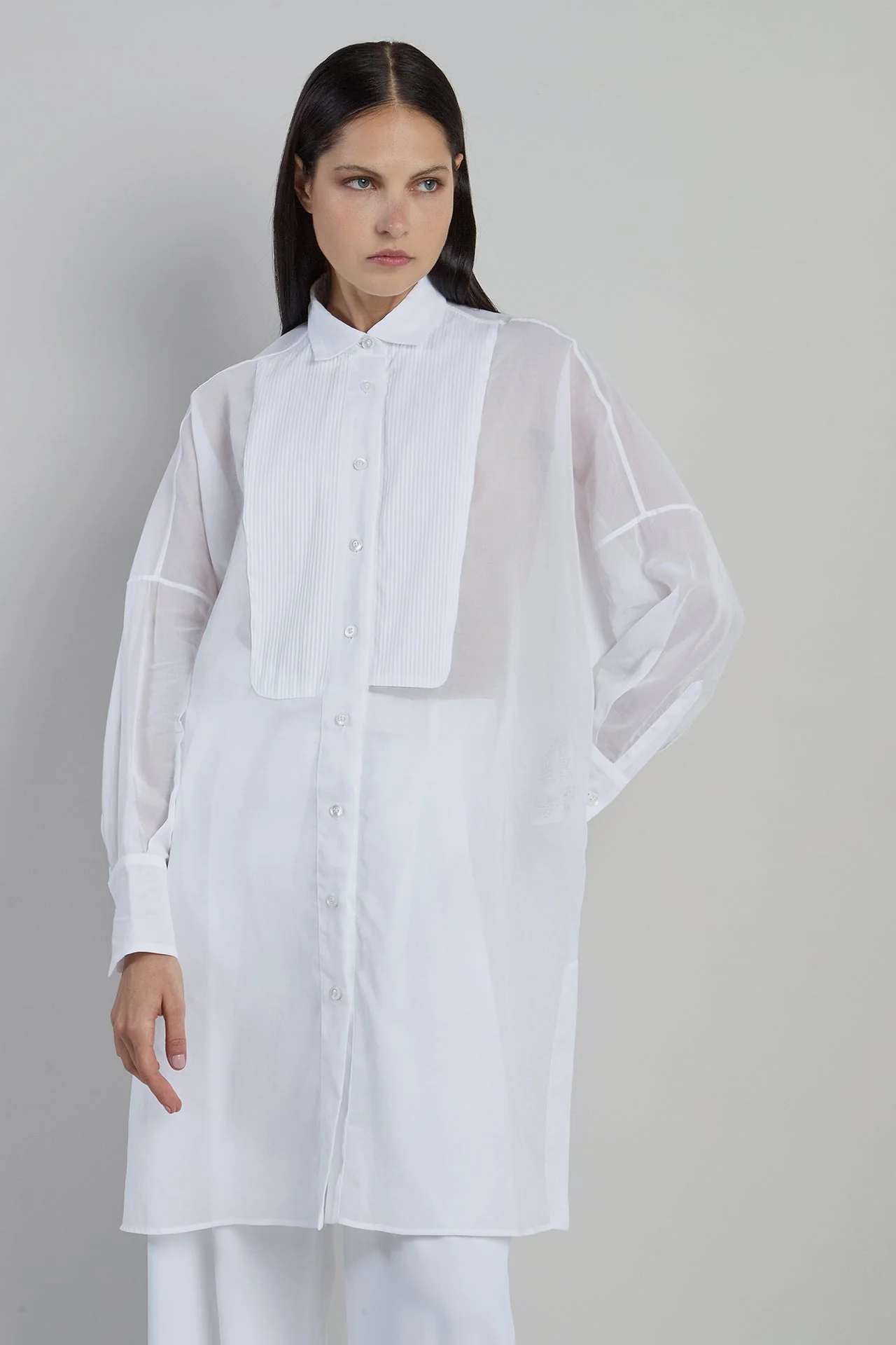 Women's Japanese Cotton Gauze Long Shirt with Plastron | Eleventy - Image 2