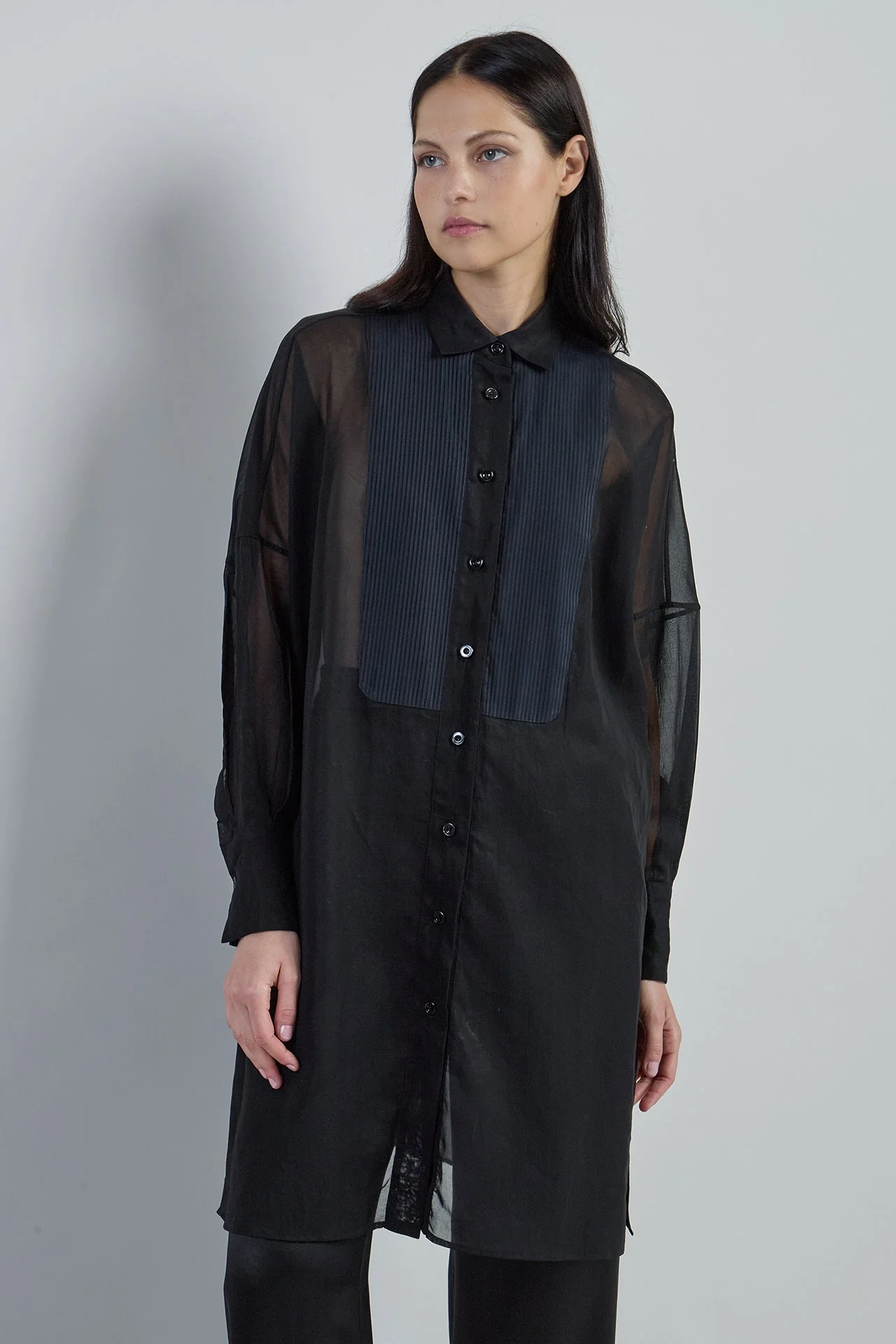 Women's Japanese Cotton Gauze Long Shirt with Plastron | Eleventy - Image 6