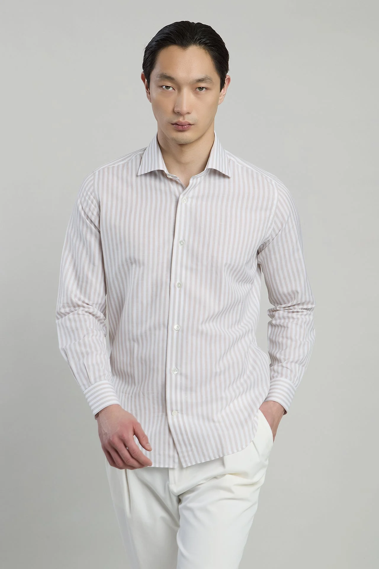 Men's Slim Fit Striped Cotton and Linen Shirt | Eleventy - Image 2