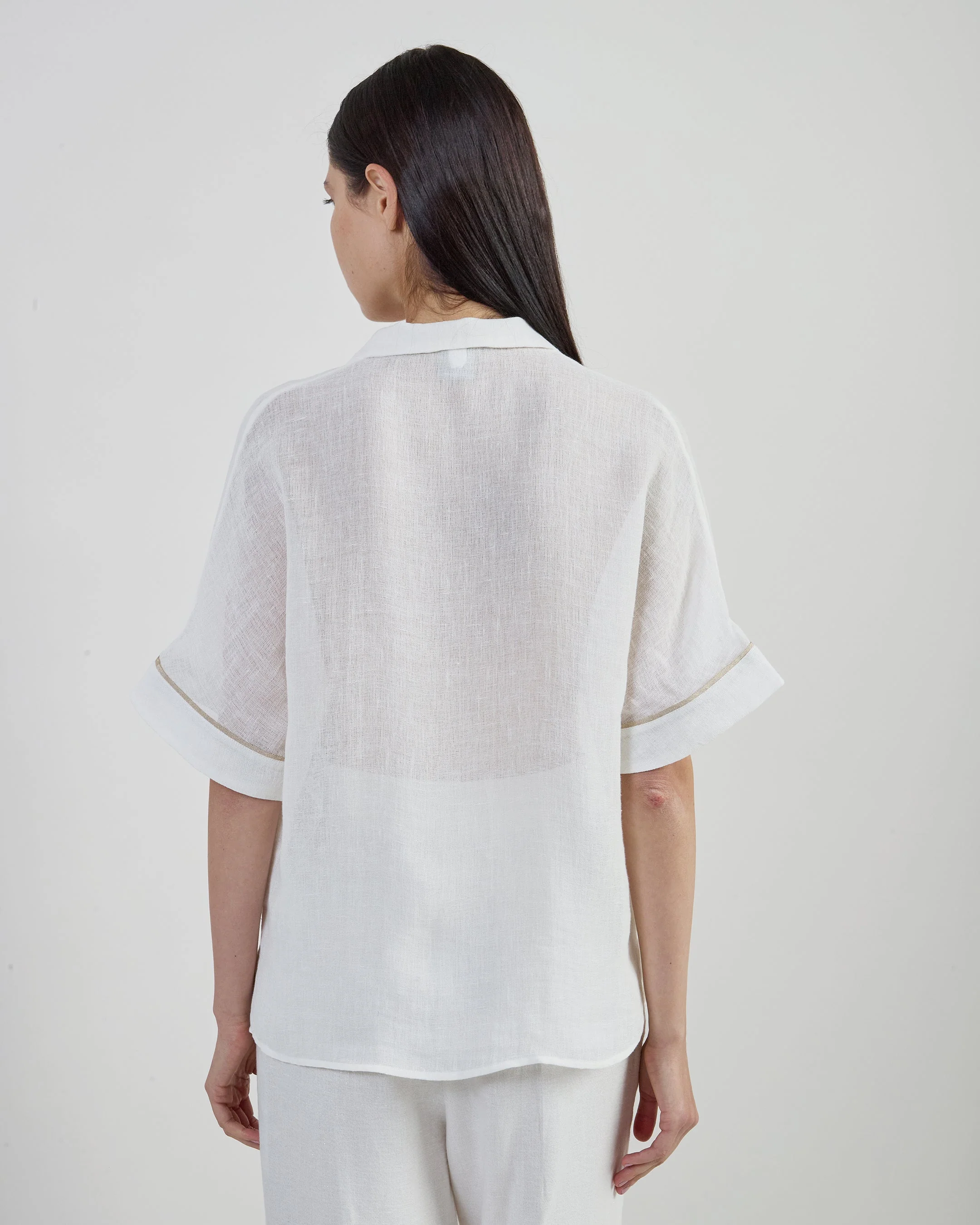 Women's Brushed Linen Short Sleeve Bowling Shirt | Eleventy - Image 3