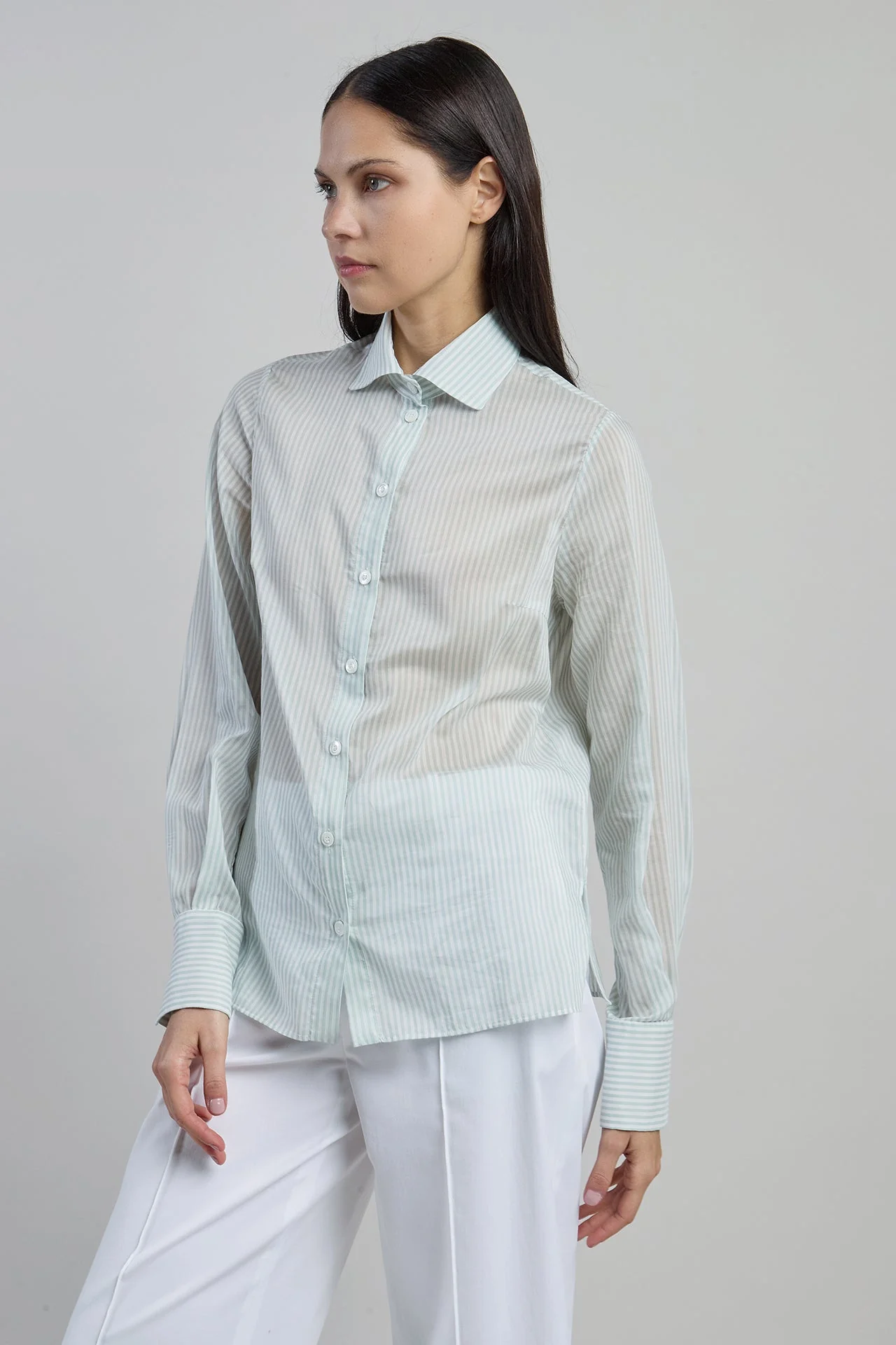 Women's Striped Silk and Cotton Shirt with French Collar | Eleventy - Image 2