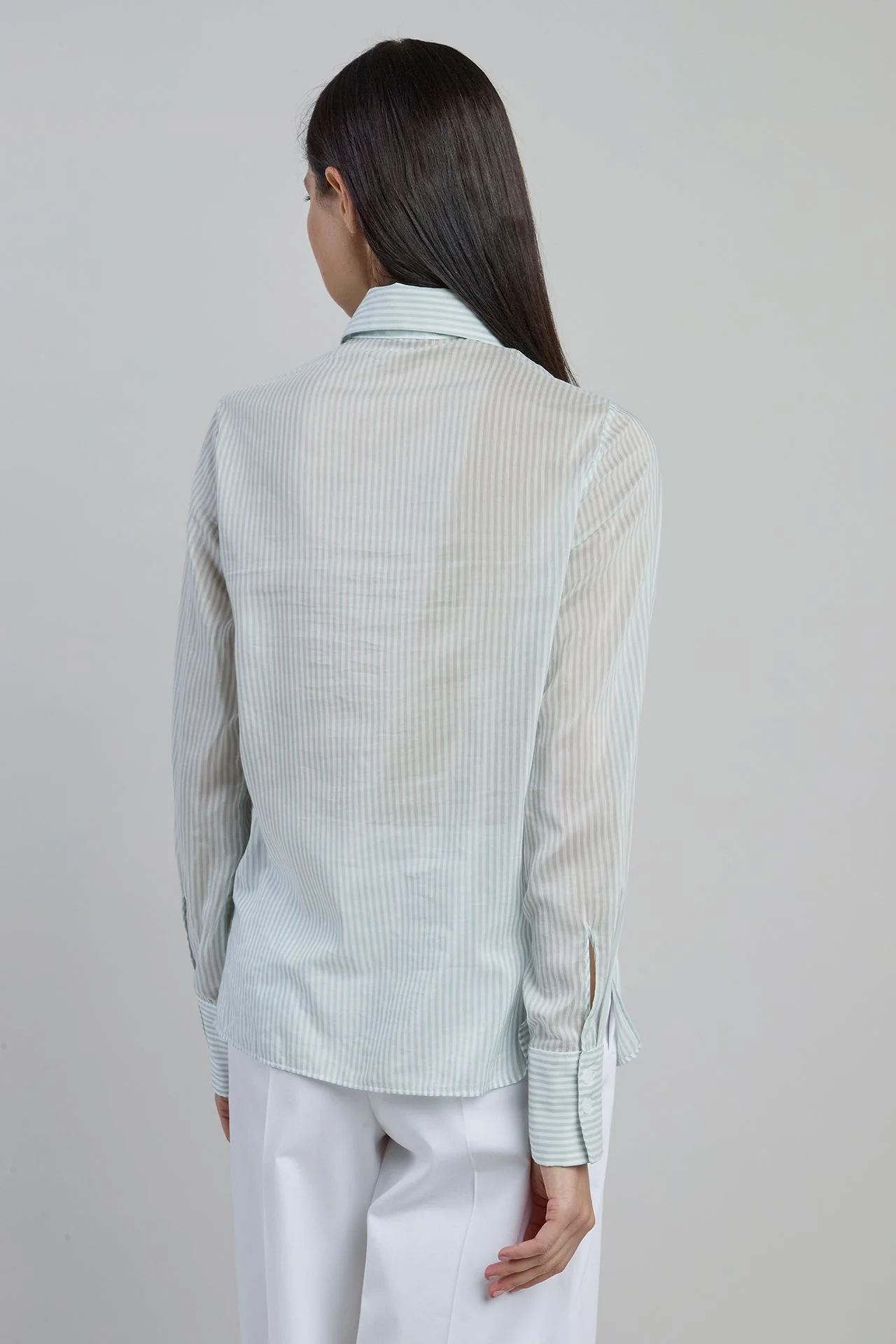 Women's Striped Silk and Cotton Shirt with French Collar | Eleventy - Image 3