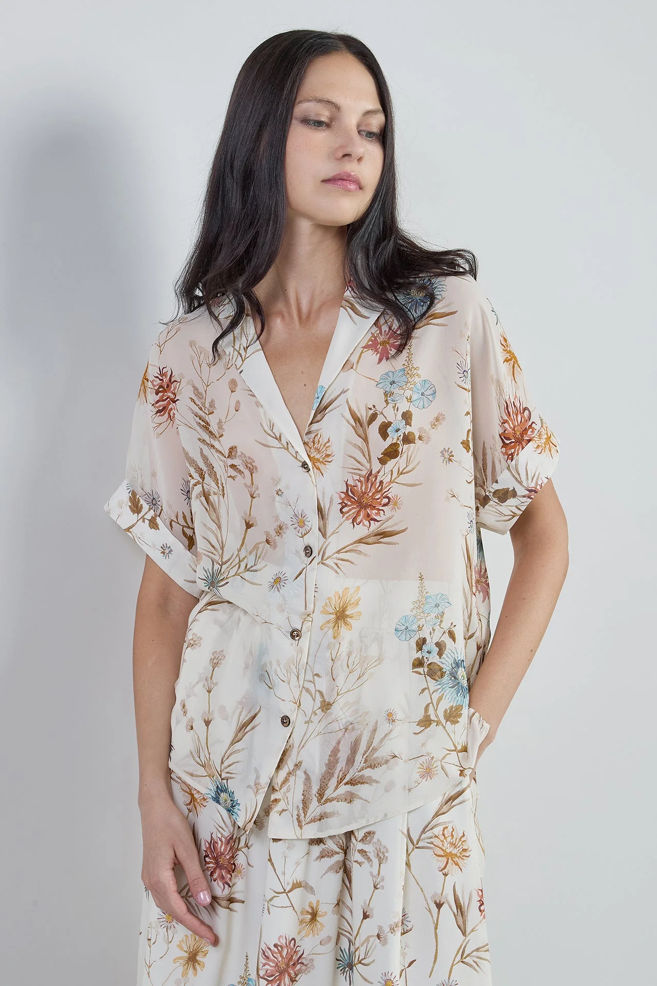 Women's Floral Printed Silk Shirt with Bowling Collar | Eleventy - Image 2
