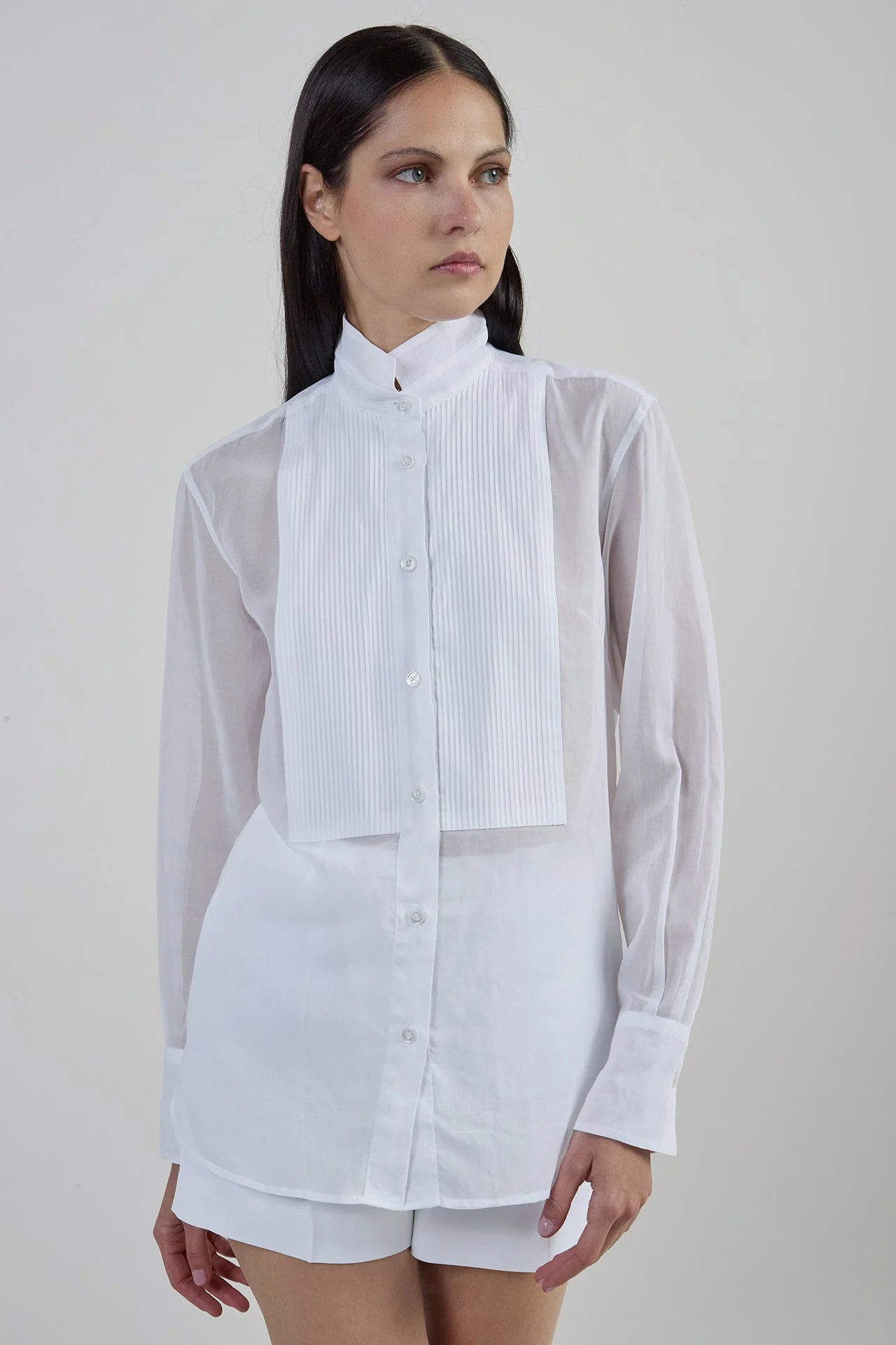 Women's Mock-Neck Tuxedo Shirt in Japanese Cotton | Eleventy - Image 2