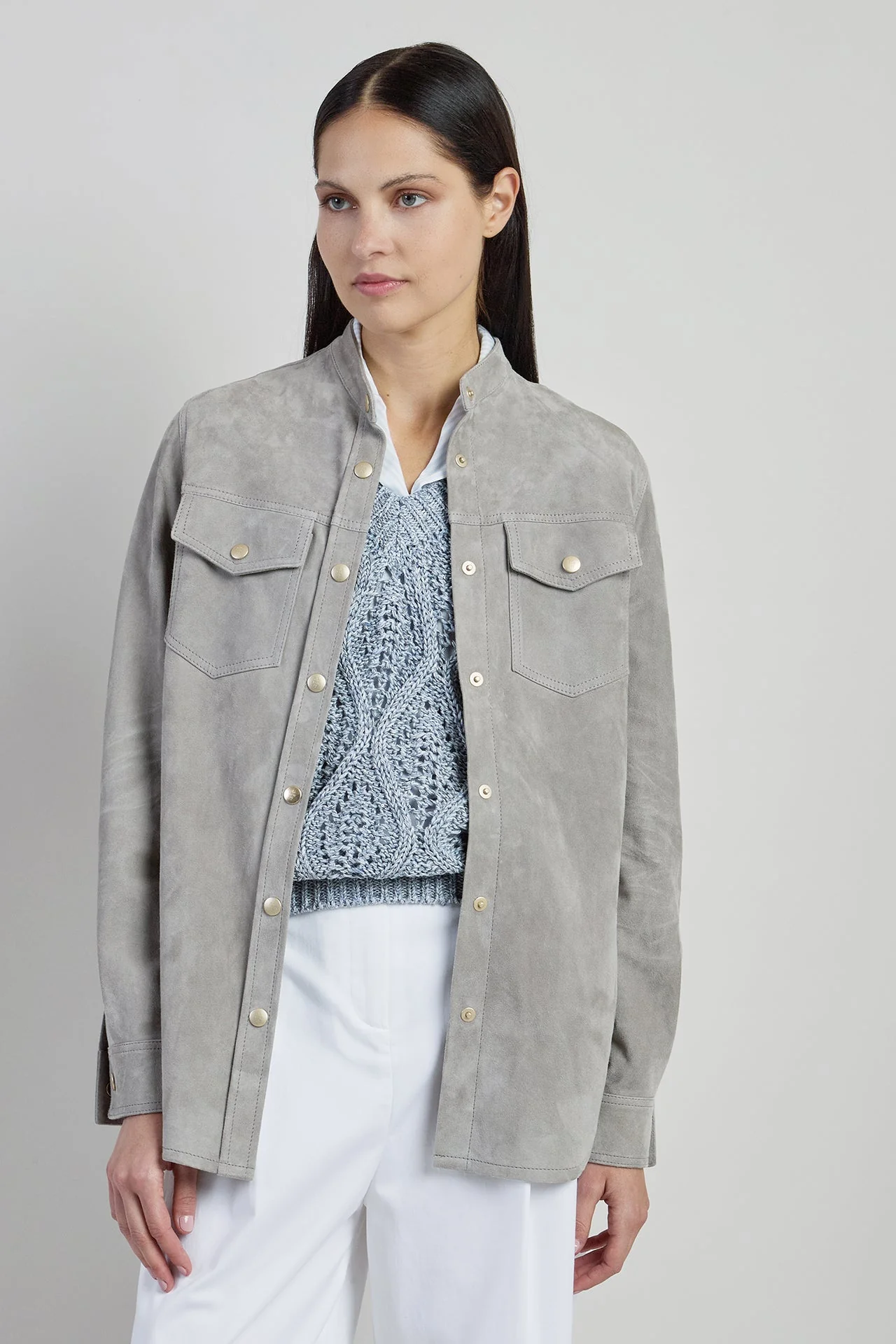 Women's Lightweight Lambskin Suede Western-Style Shirt | Eleventy - Image 7