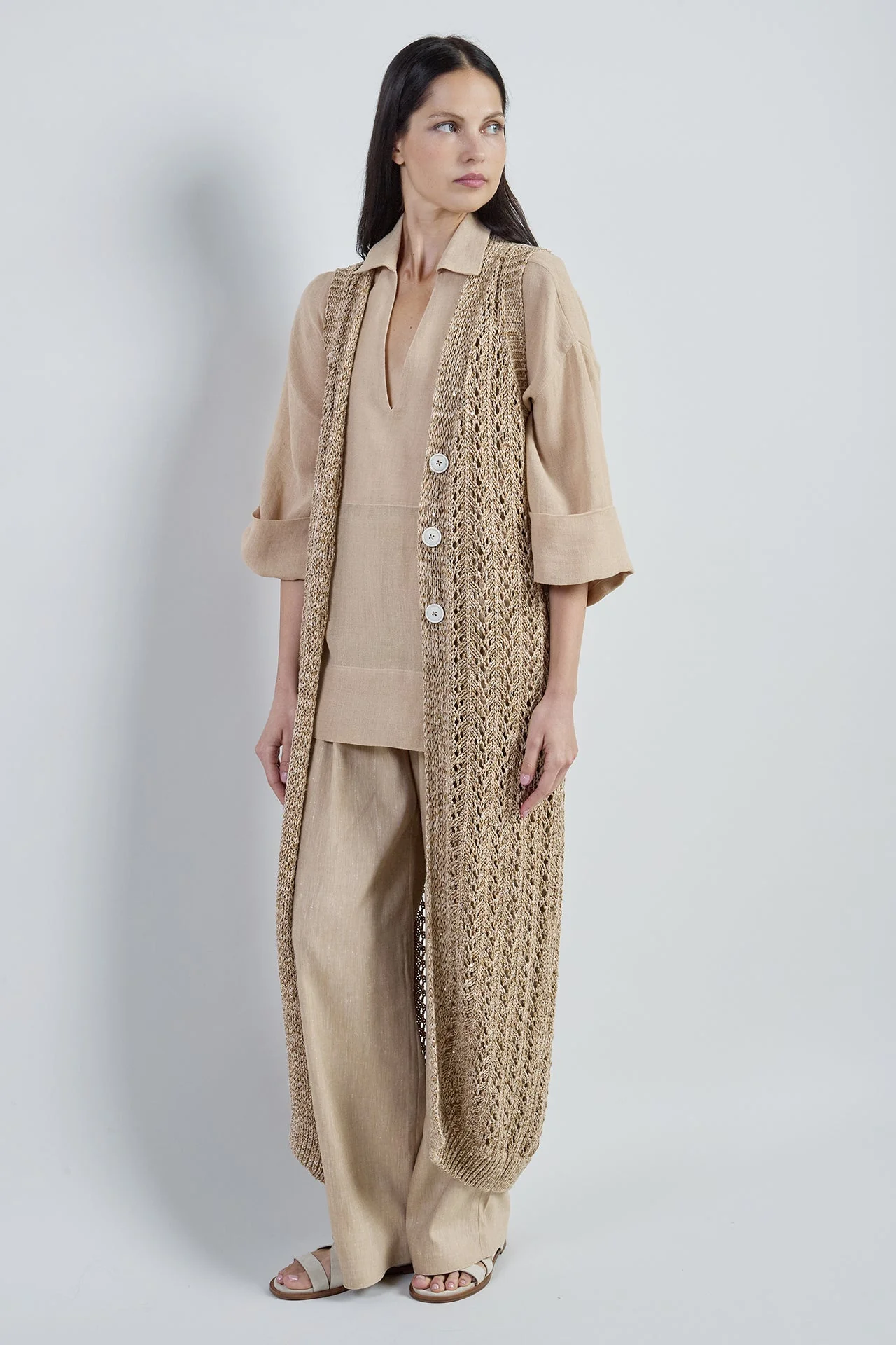 Long Cotton and Linen Cardigan with Sequin Details | Eleventy - Image 2
