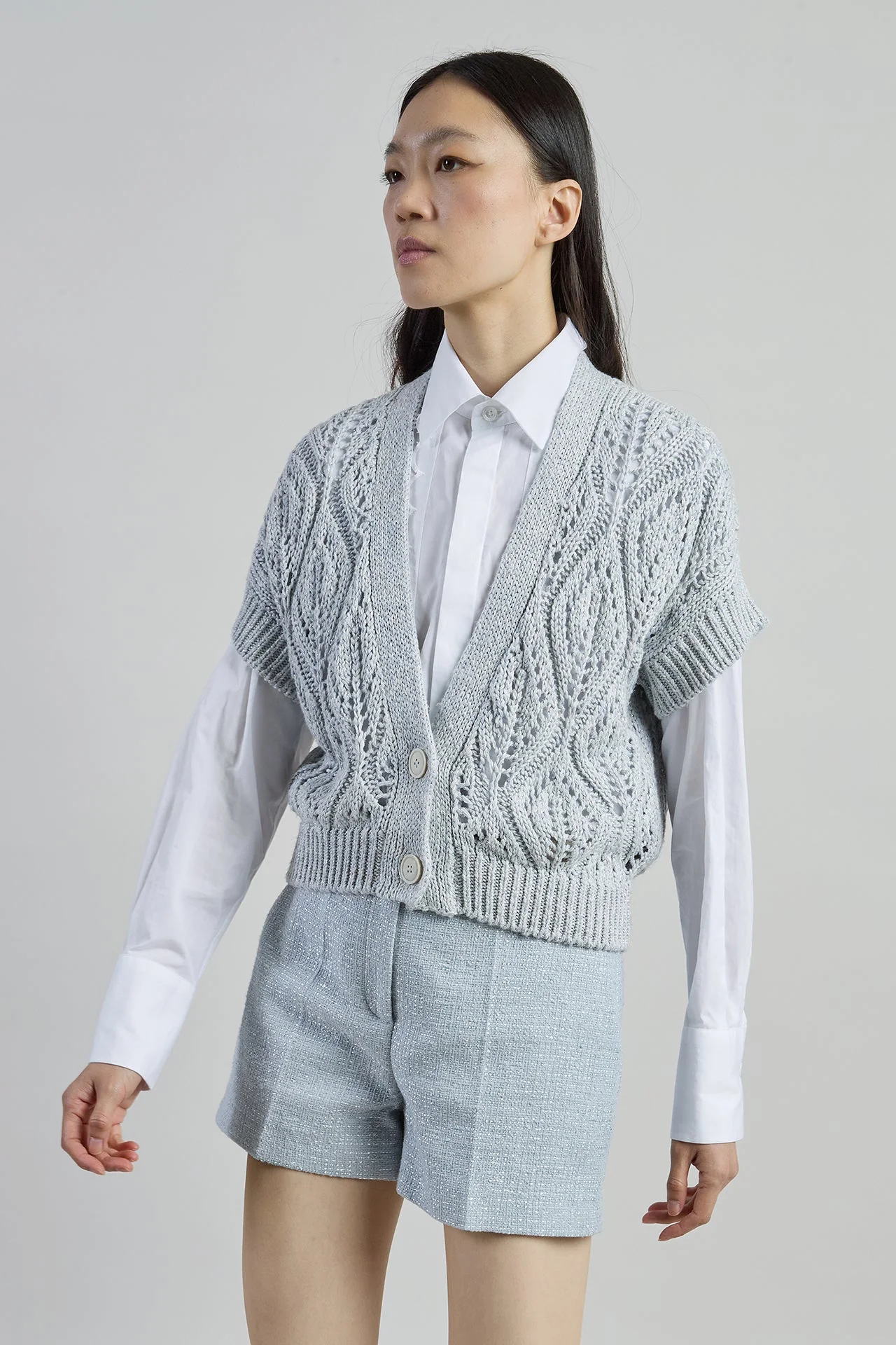 Women's Linen Cotton Silk Short Sleeve V-Neck Cardigan | Eleventy - Image 2