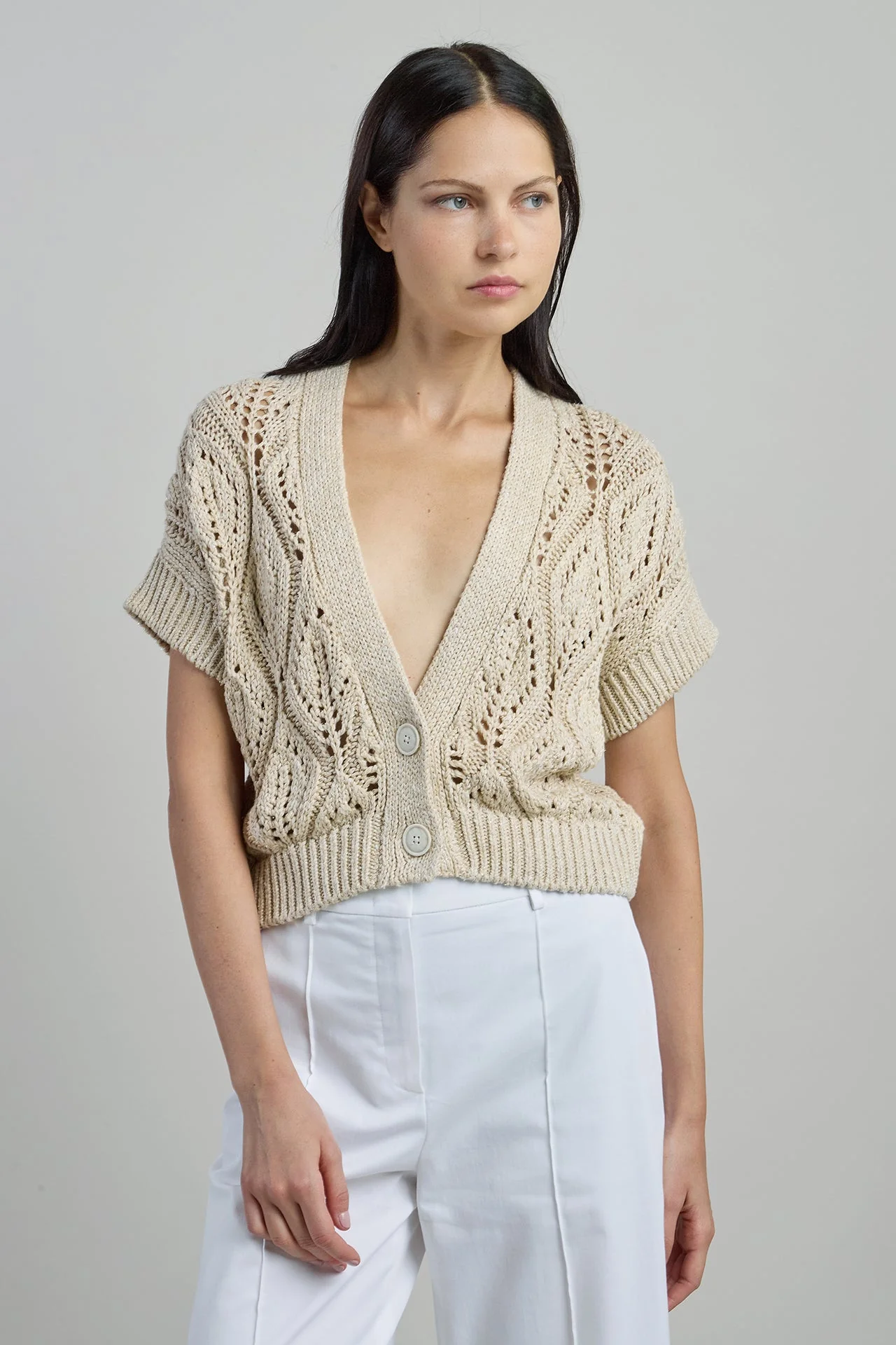 Women's Linen Cotton Silk Short Sleeve V-Neck Cardigan | Eleventy - Image 6