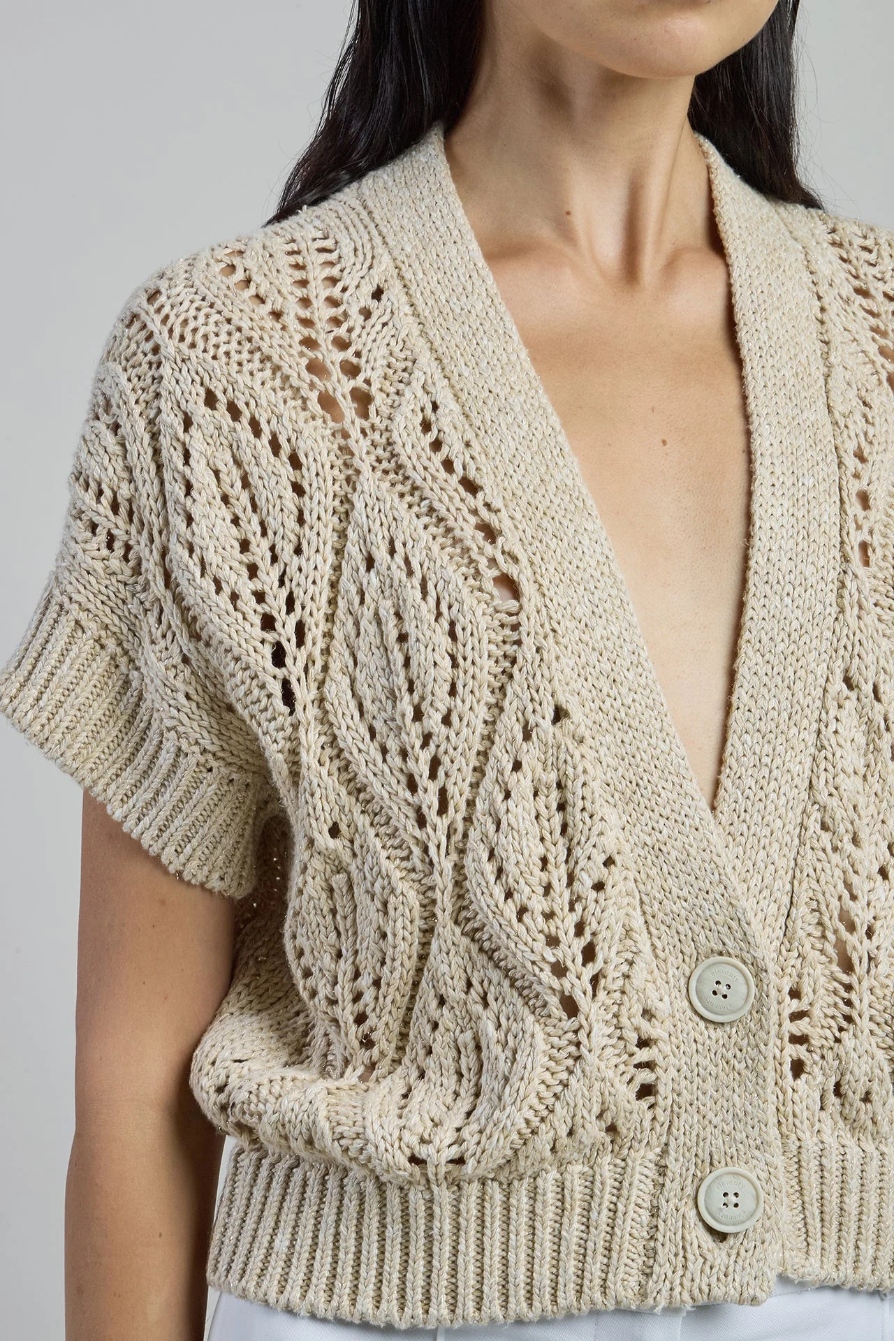 Women's Linen Cotton Silk Short Sleeve V-Neck Cardigan | Eleventy - Image 8
