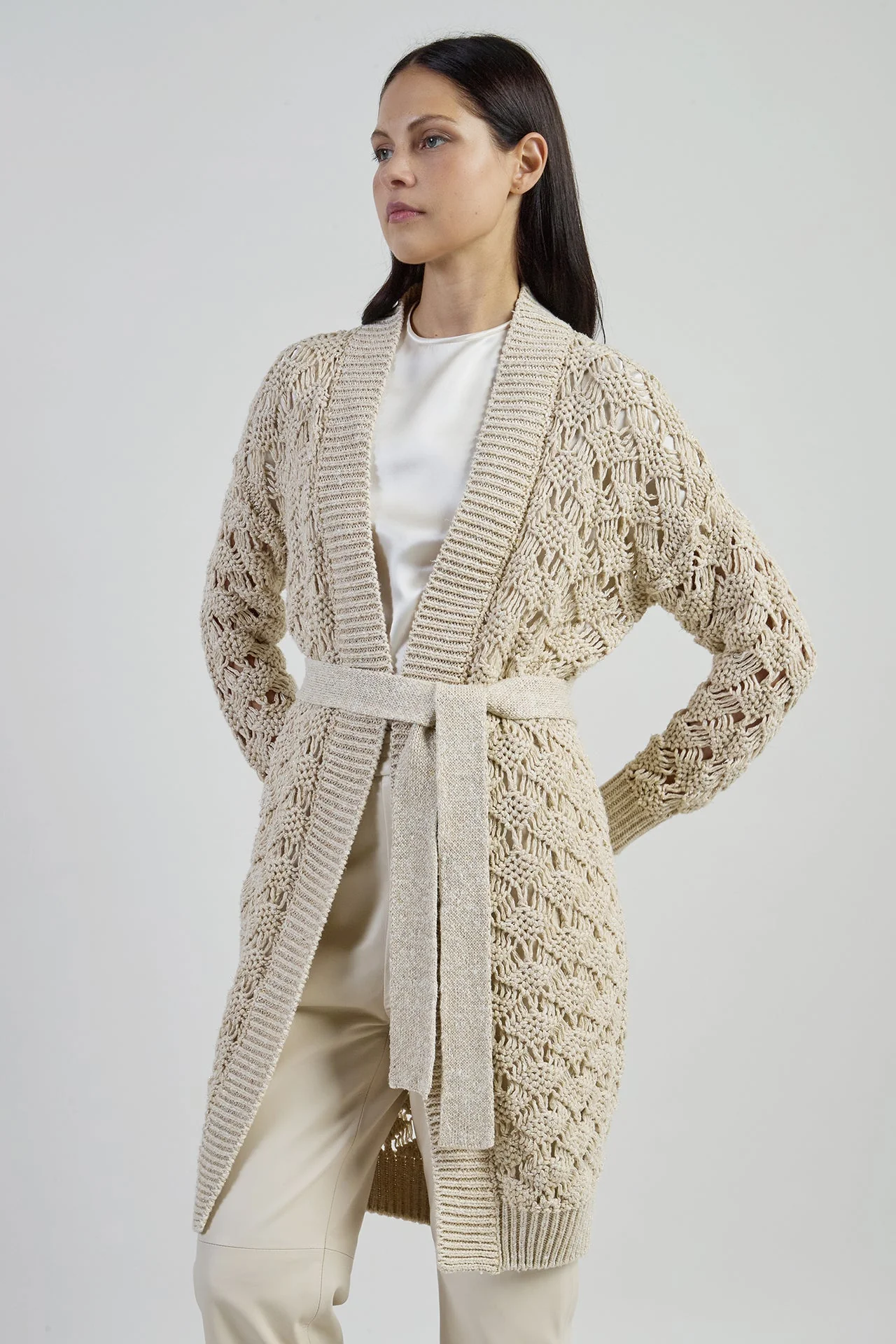 Women's Long Linen Cotton and Silk Cardigan with Belt | Eleventy - Image 2