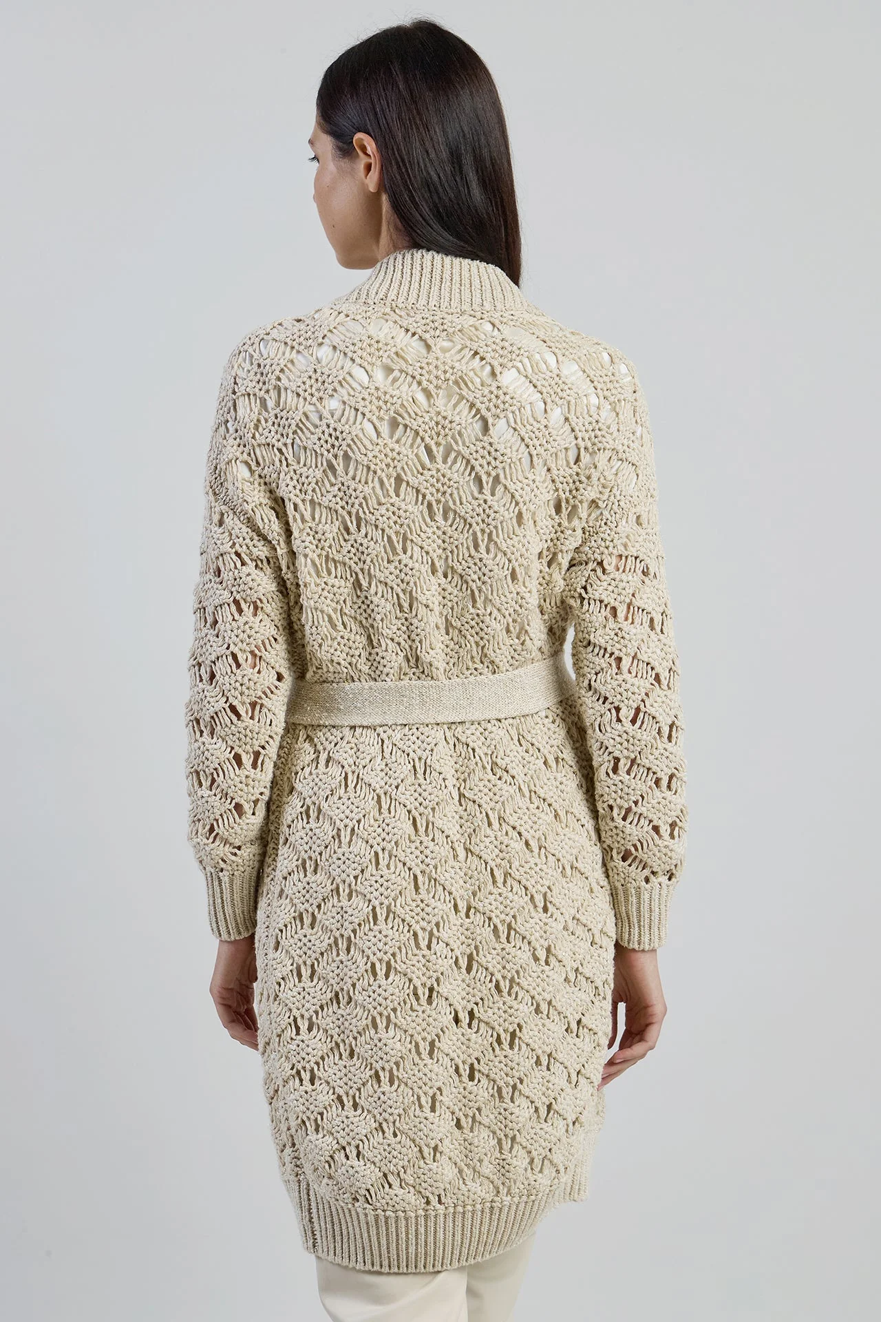 Women's Long Linen Cotton and Silk Cardigan with Belt | Eleventy - Image 3