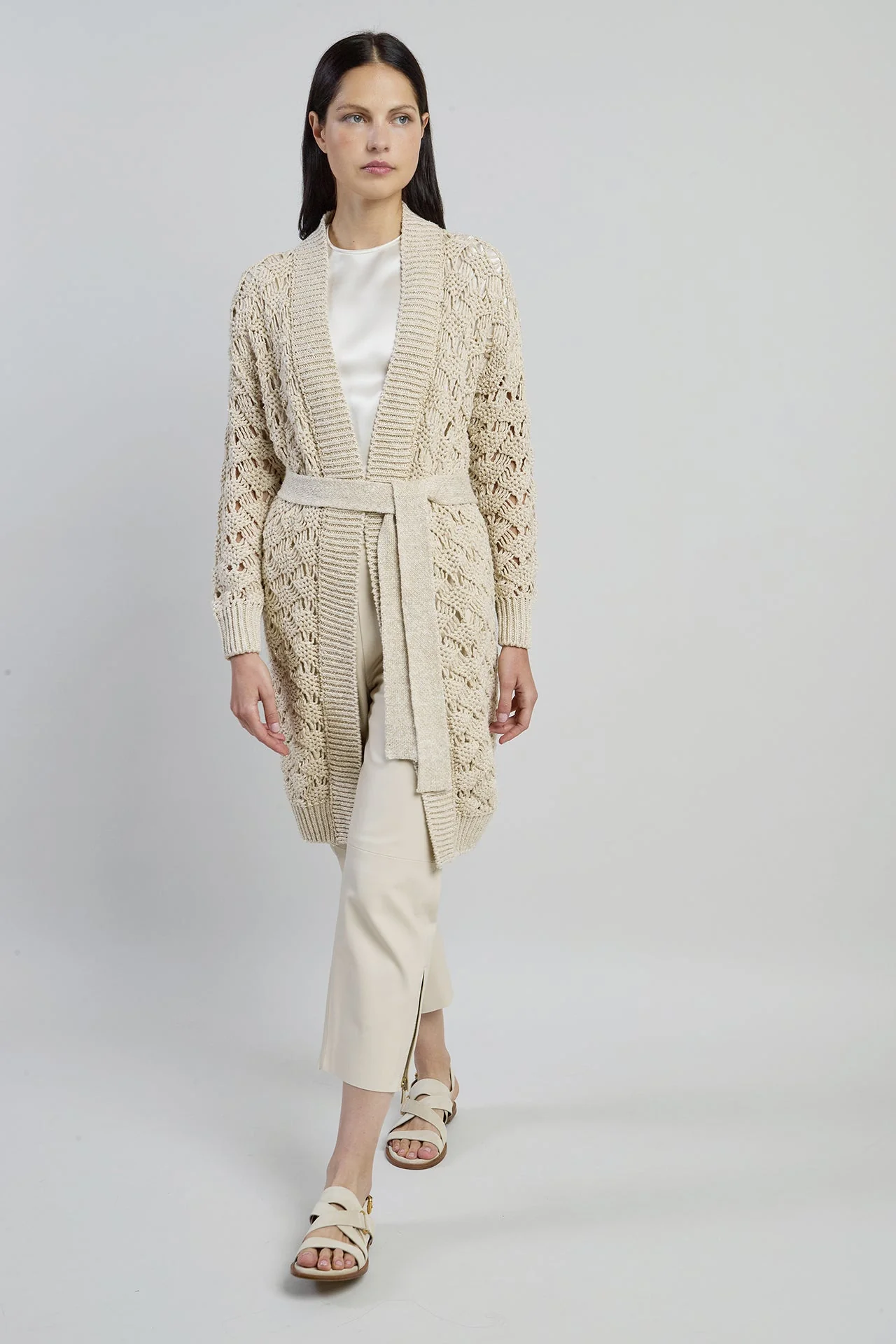 Women's Long Linen Cotton and Silk Cardigan with Belt | Eleventy - Image 5