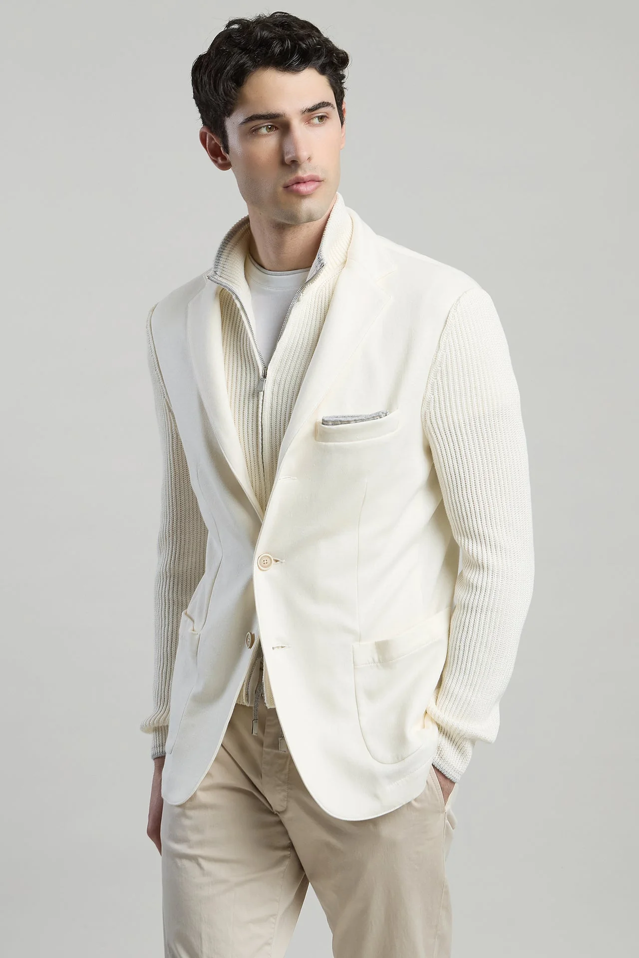 Men's Cotton Linen Bib Jacket with Knit Sleeves | Eleventy - Image 2