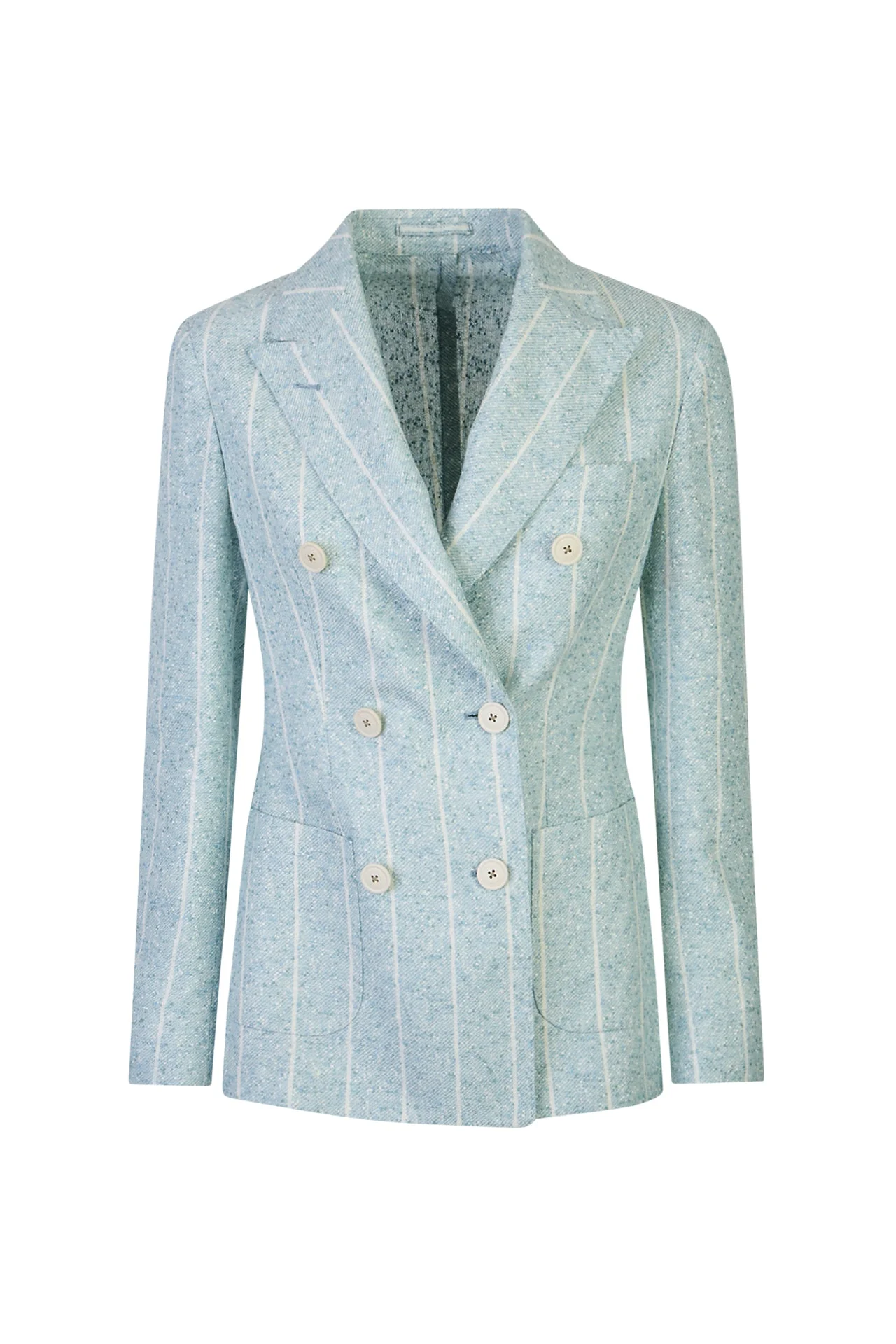 Double-Breasted Pinstriped Linen Jacket with Patch Pockets | Eleventy