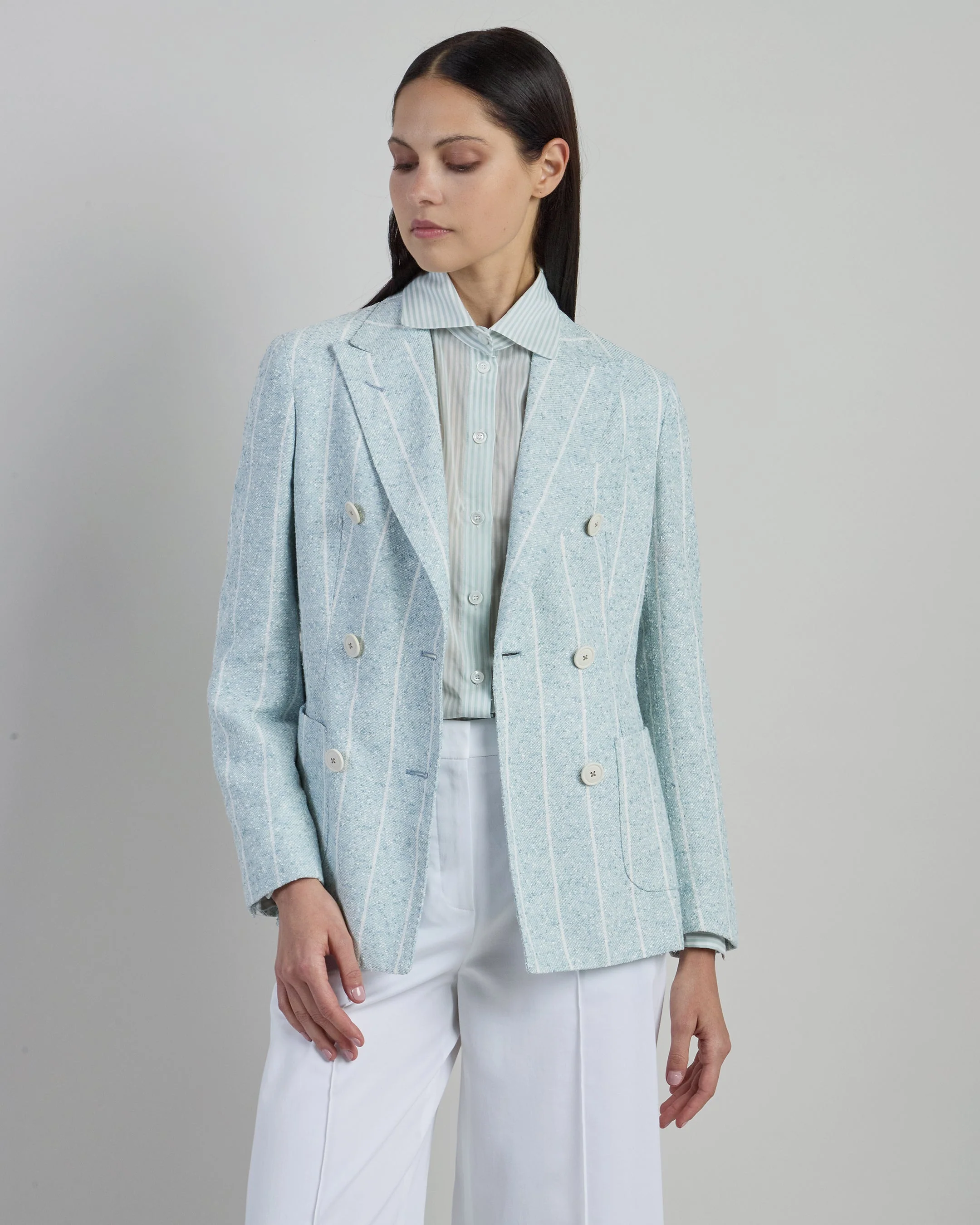 Double-Breasted Pinstriped Linen Jacket with Patch Pockets | Eleventy - Image 2