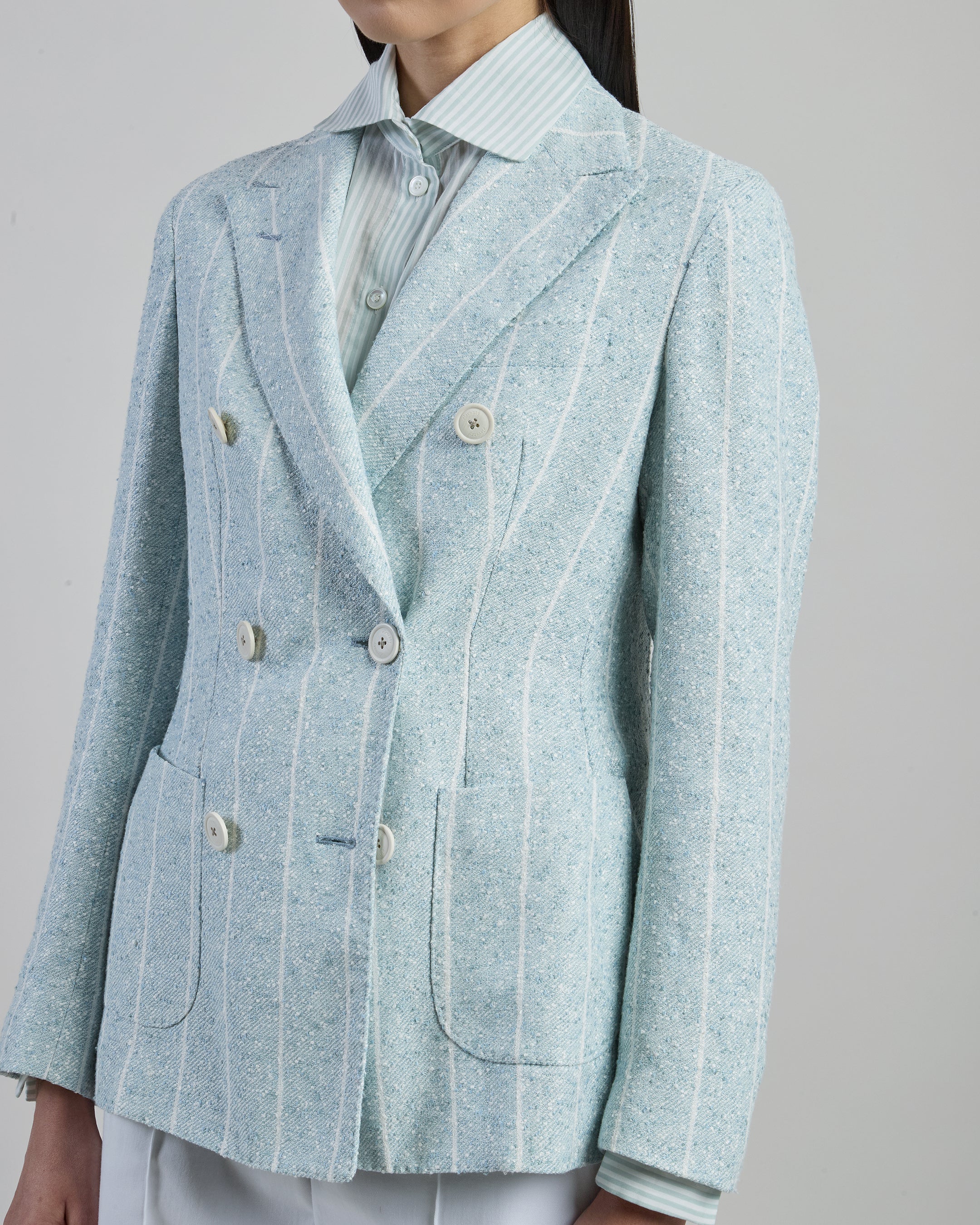 Double-Breasted Pinstriped Linen Jacket with Patch Pockets | Eleventy - Image 4