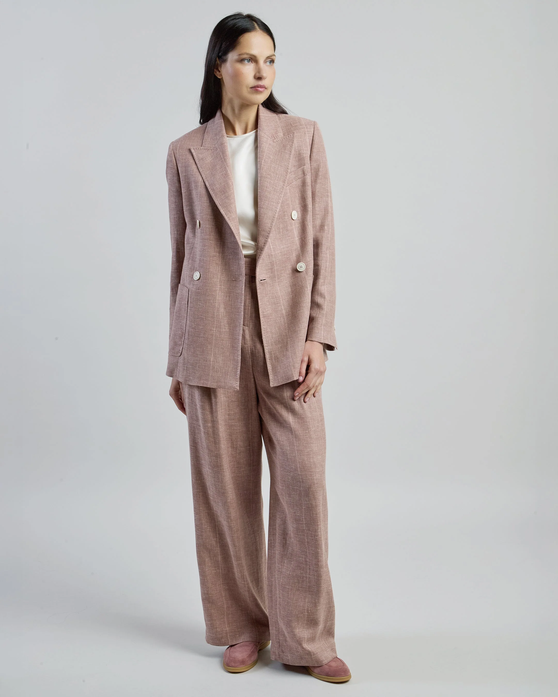 Women's Double-Breasted Linen Wool Silk Pinstripe Jacket | Eleventy - Image 5