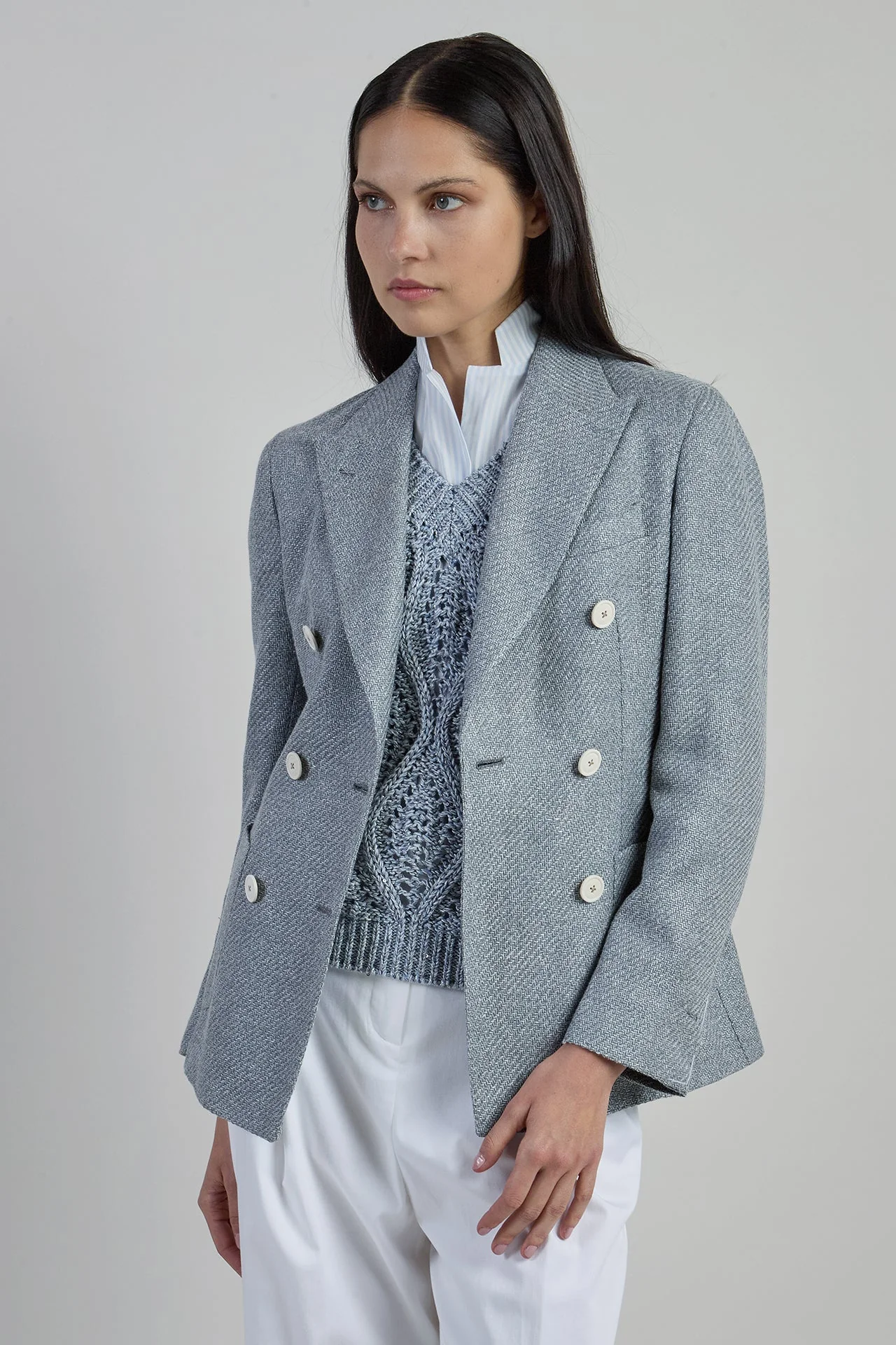 Women's Double-Breasted Silk Linen and Cotton Jacket | Eleventy - Image 2