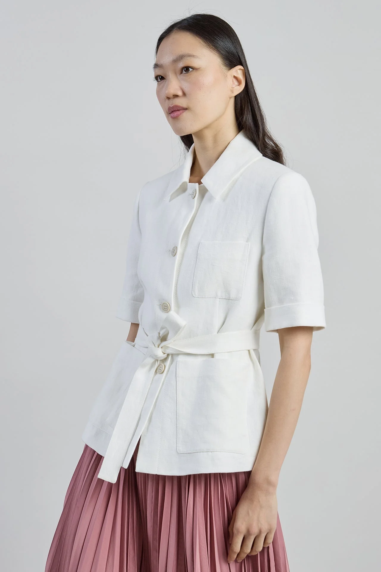 Short-Sleeved Single-Breasted Linen Jacket with Belt | Eleventy - Image 2