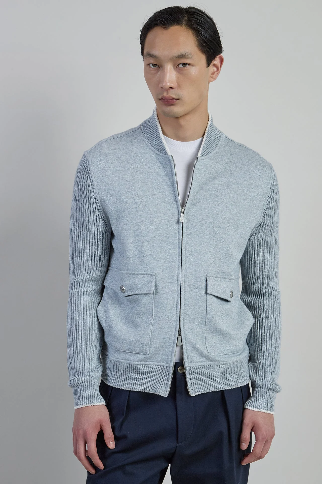 Men's Dual-Material Cotton and Linen Bomber Jacket | Eleventy - Image 2