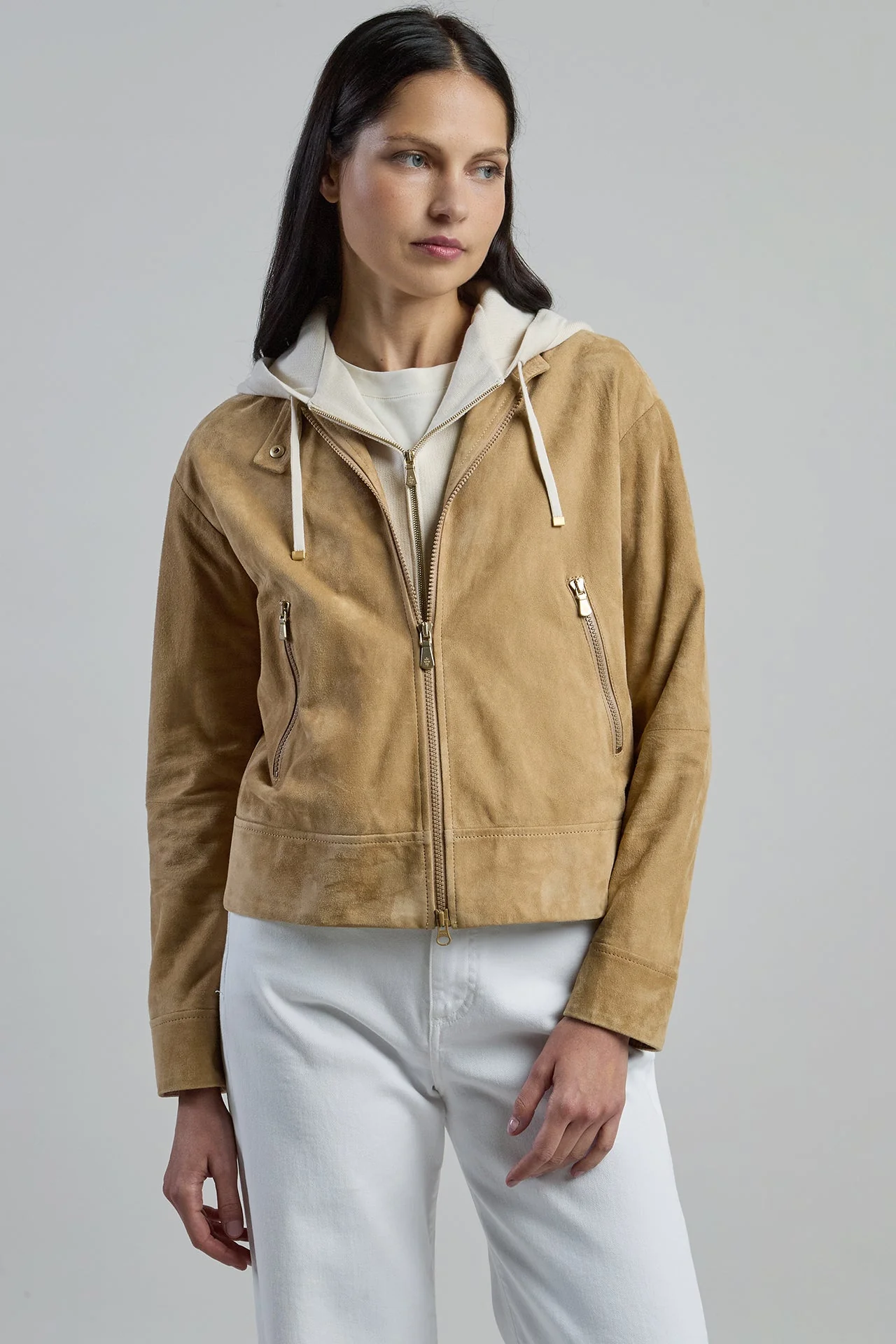 Women's Suede Biker Jacket with Detachable Hood | Eleventy - Image 2