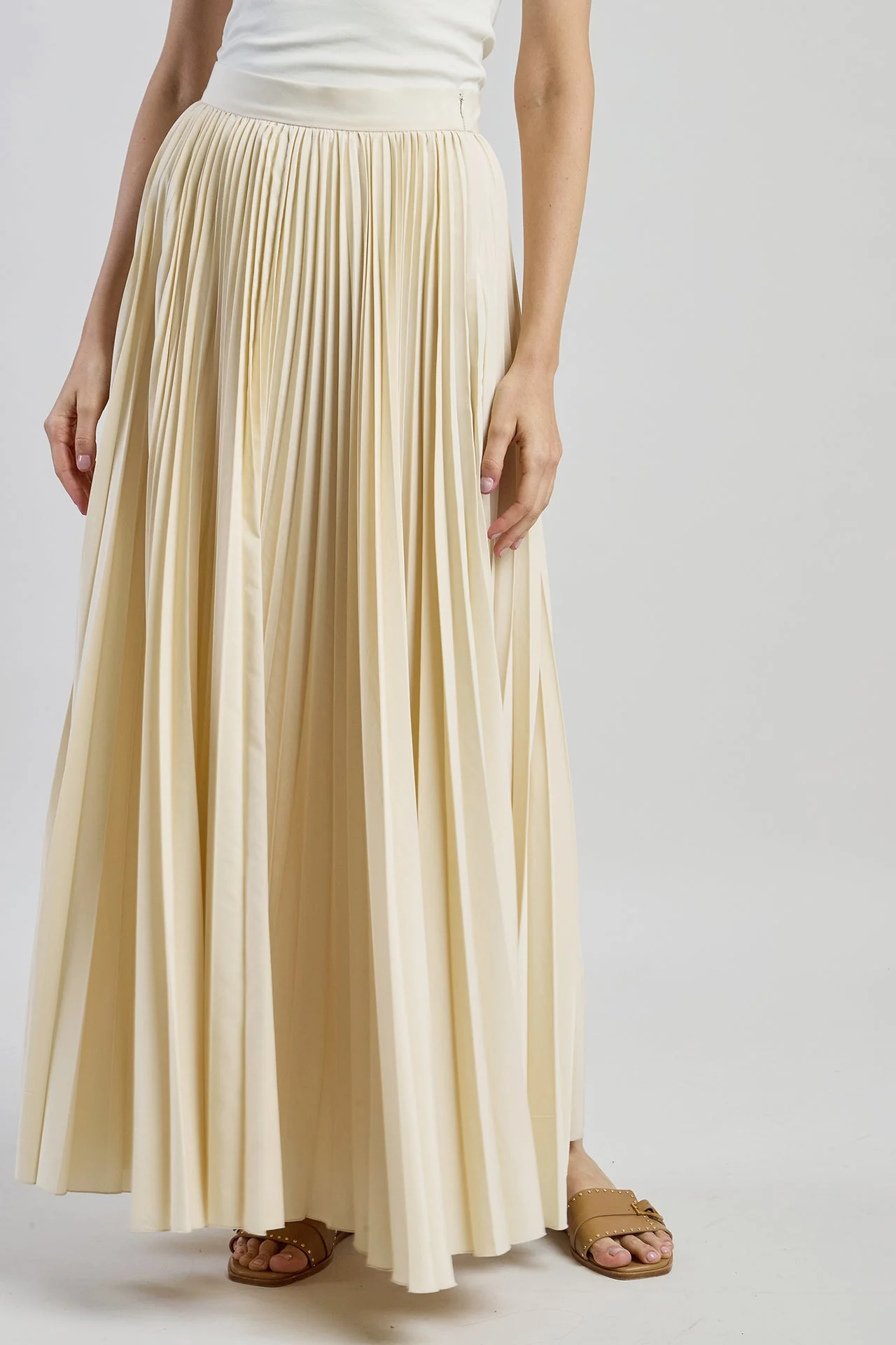 Long Pleated Soleil Skirt in Beige Technical Fabric | Eleventy - Image 6
