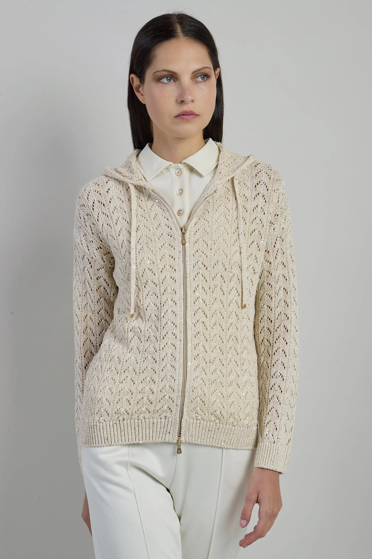 Full Zip Cotton Linen Hooded Sweater with Sequins | Eleventy - Image 2