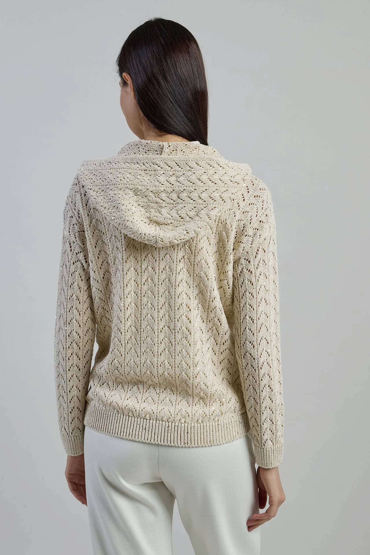 Full Zip Cotton Linen Hooded Sweater with Sequins | Eleventy - Image 3