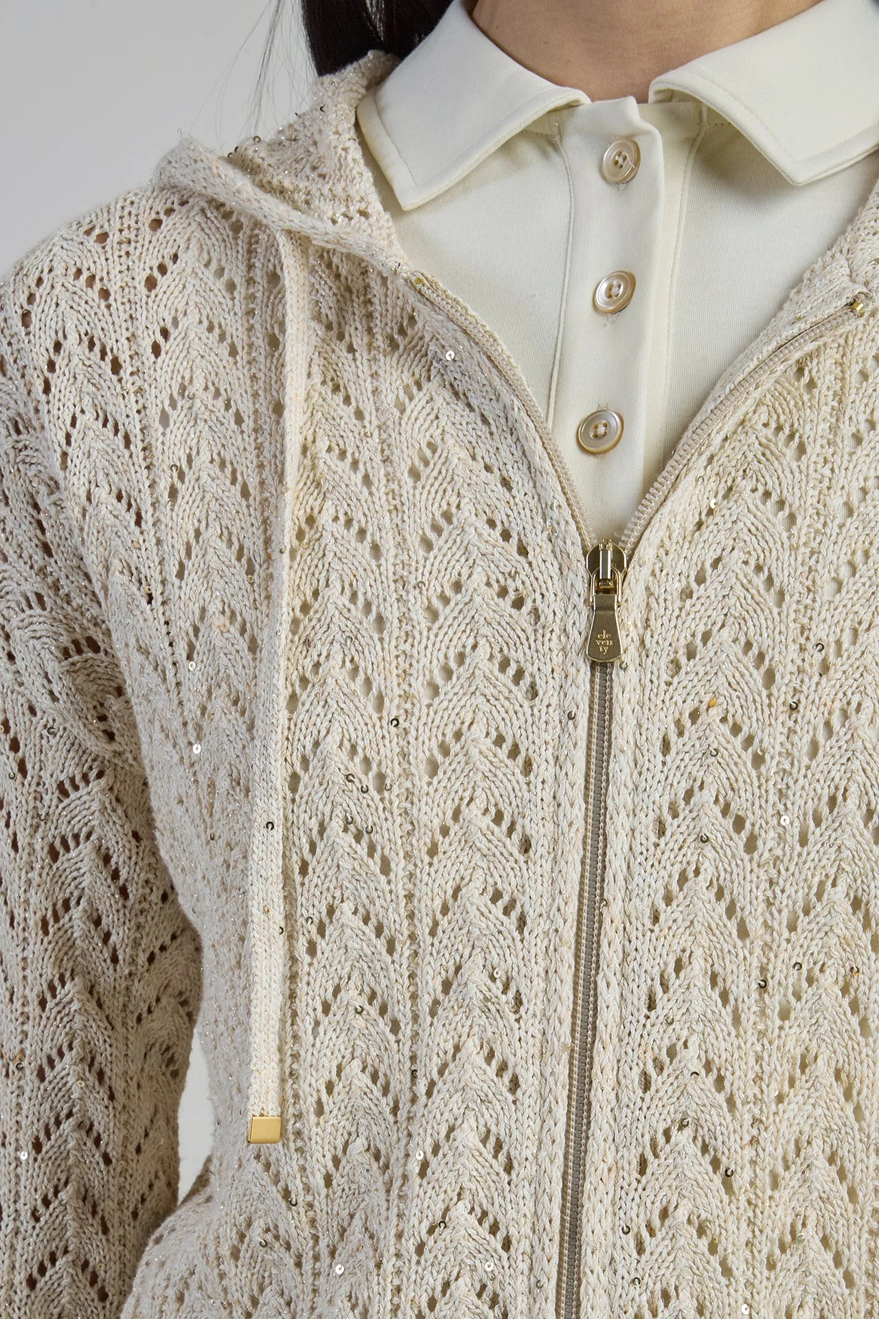 Full Zip Cotton Linen Hooded Sweater with Sequins | Eleventy - Image 4