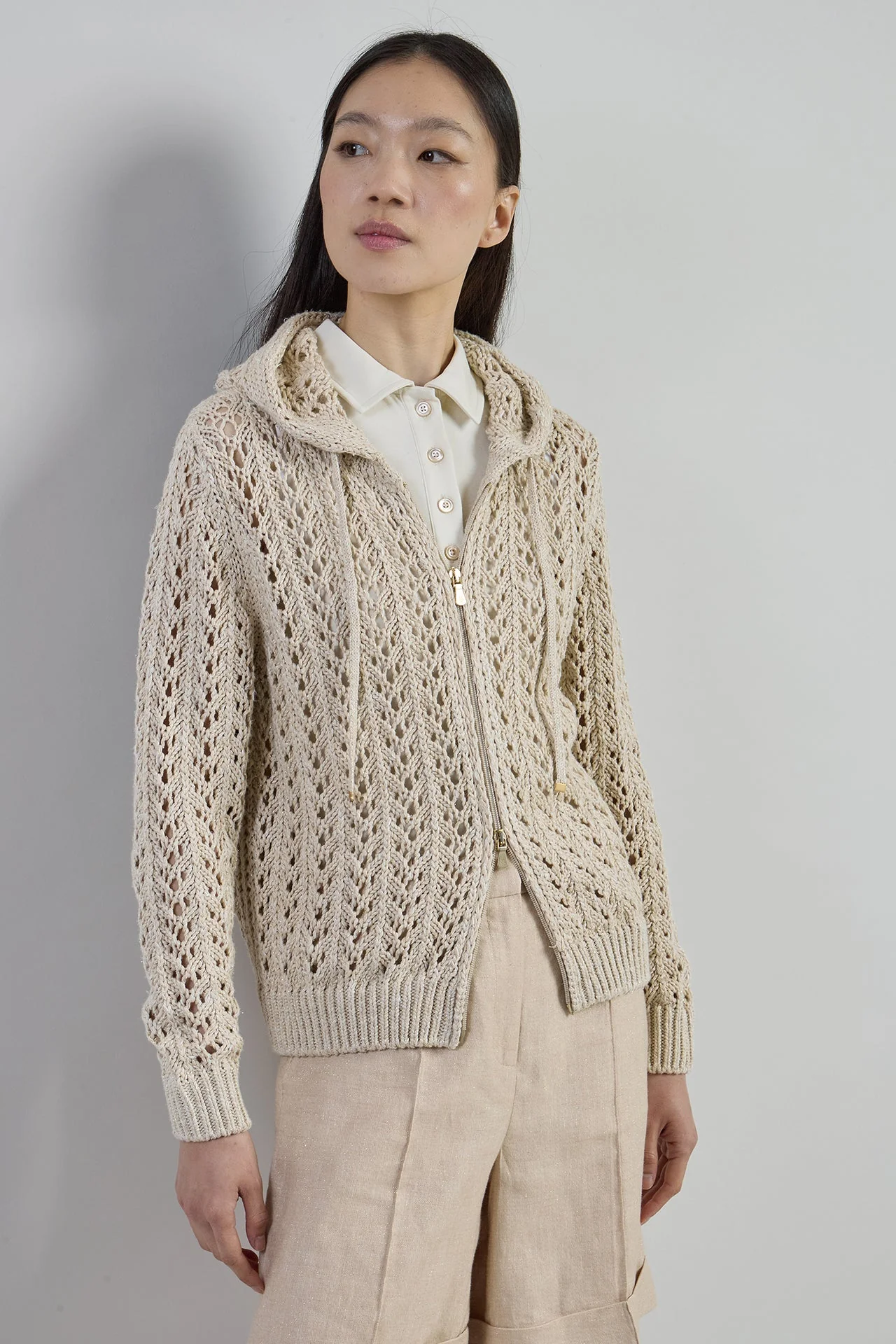 Full Zip Linen Cotton and Silk Hooded Sweater | Eleventy - Image 2