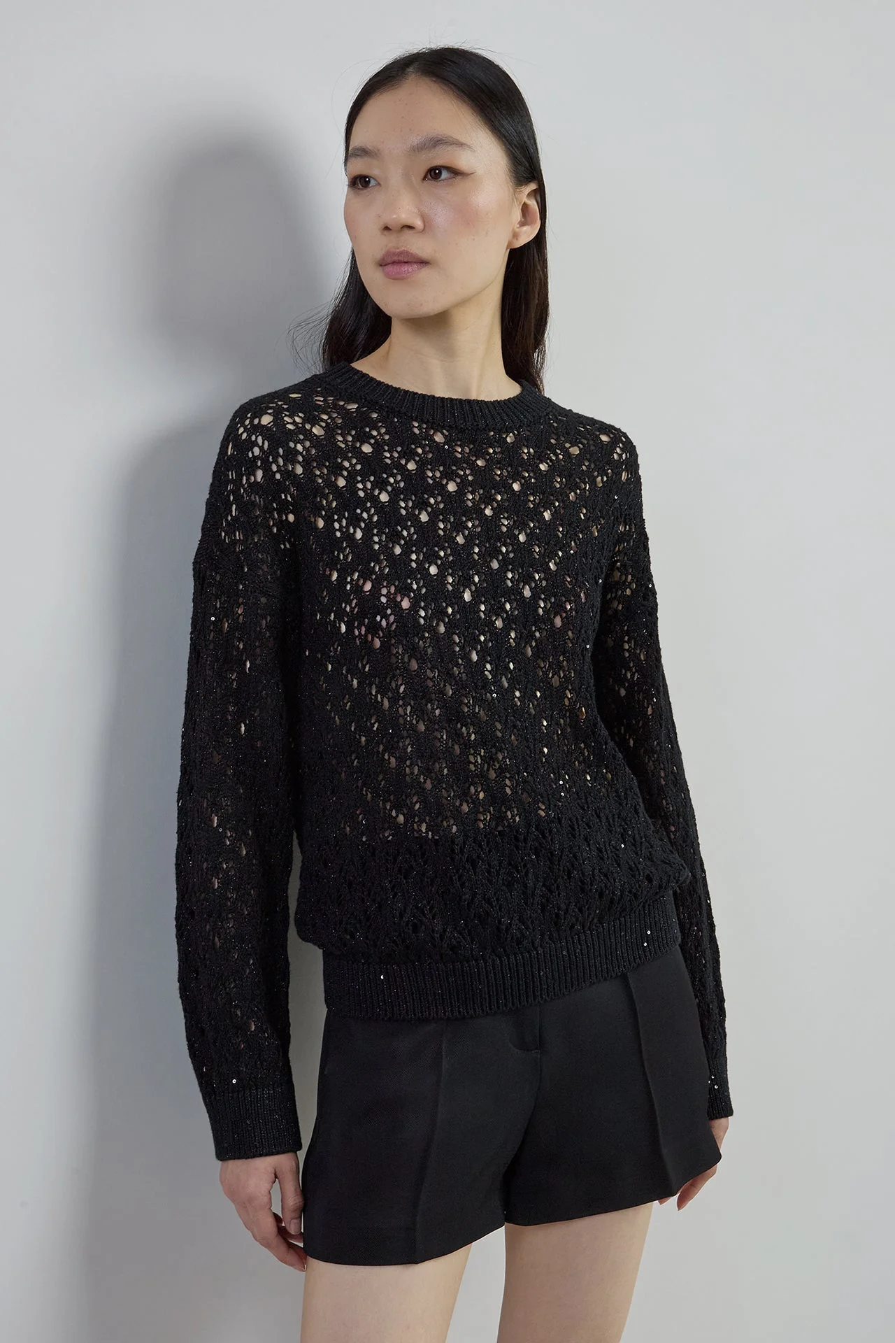 Women's Cotton Linen Crew Neck Sweater with Sequins | Eleventy - Image 2