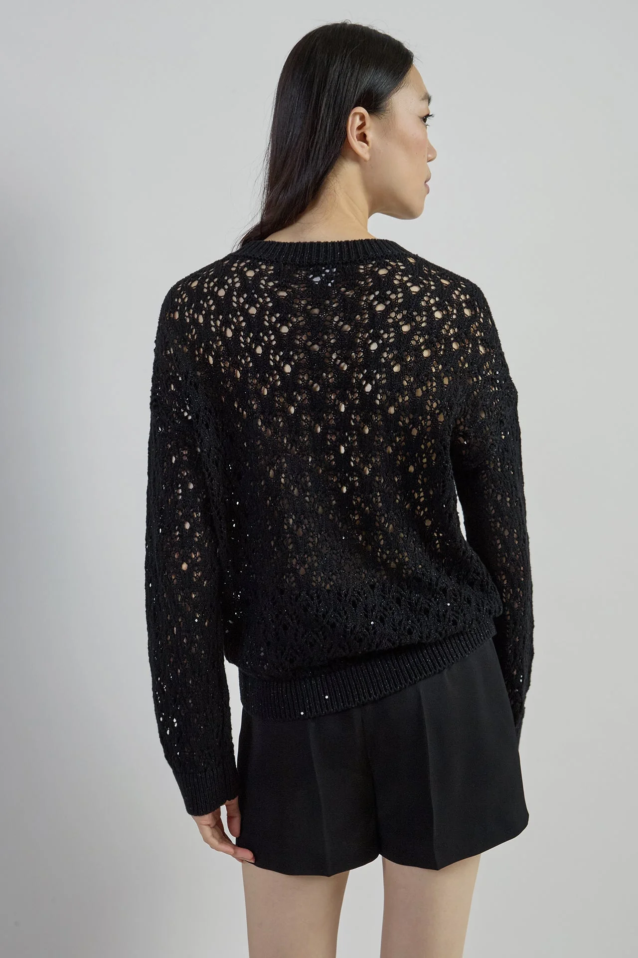Women's Cotton Linen Crew Neck Sweater with Sequins | Eleventy - Image 3
