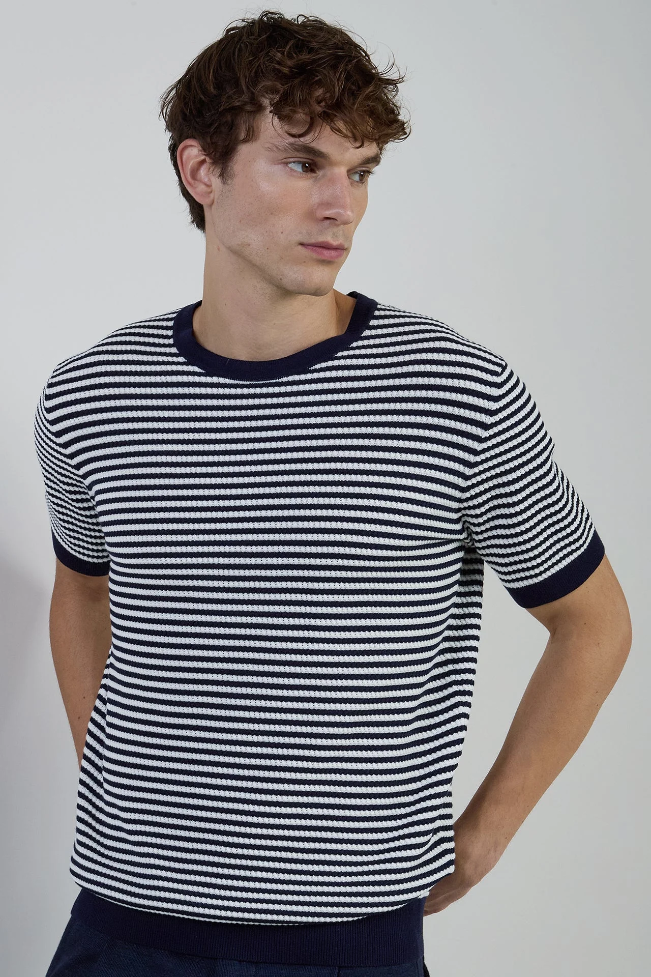 Men's Striped Crew Neck Sweater in Cool Cotton | Eleventy - Image 2