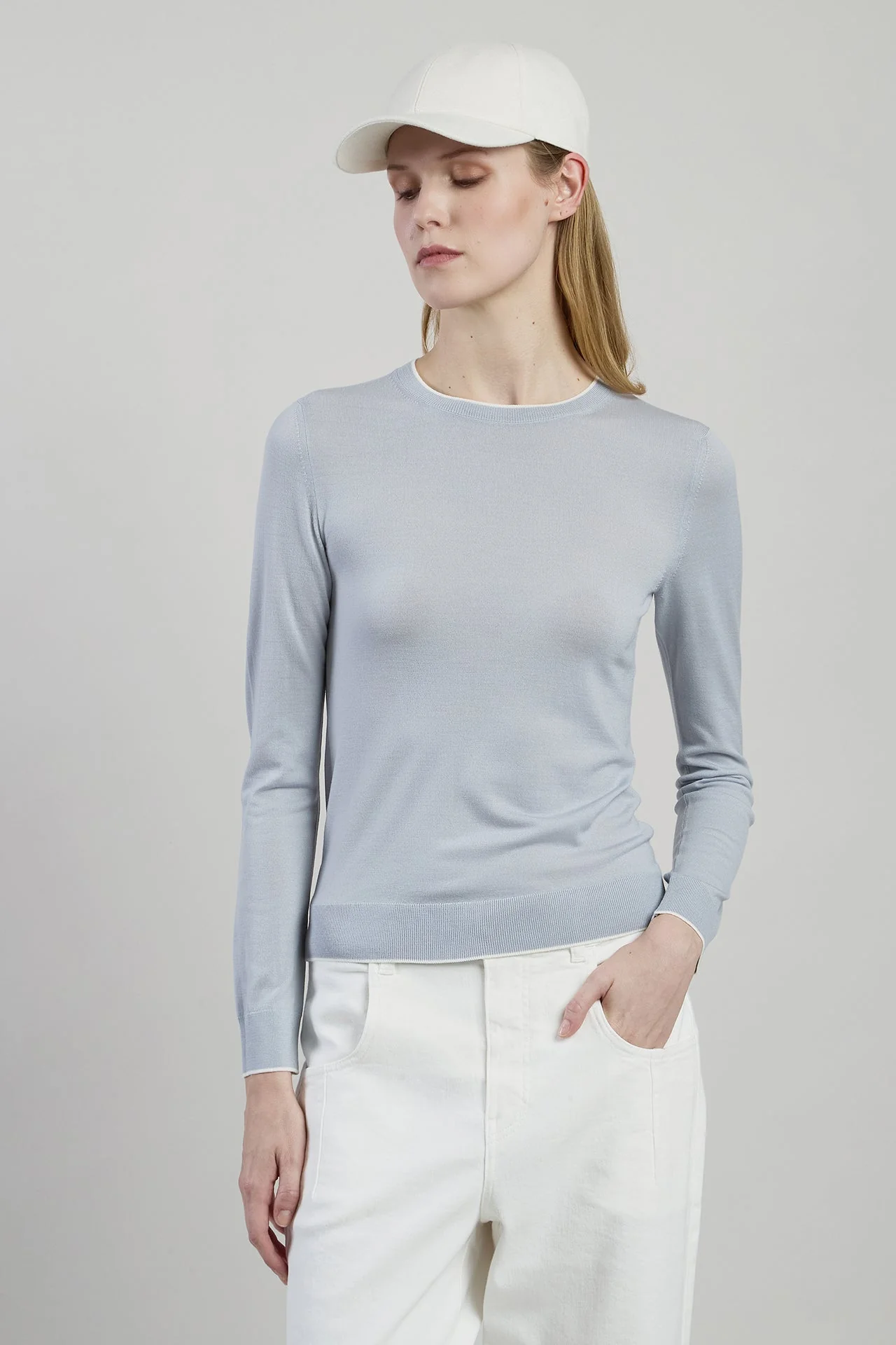 Women's 14-Micron Wool Crew Neck Sweater with Tipping | Eleventy - Image 2
