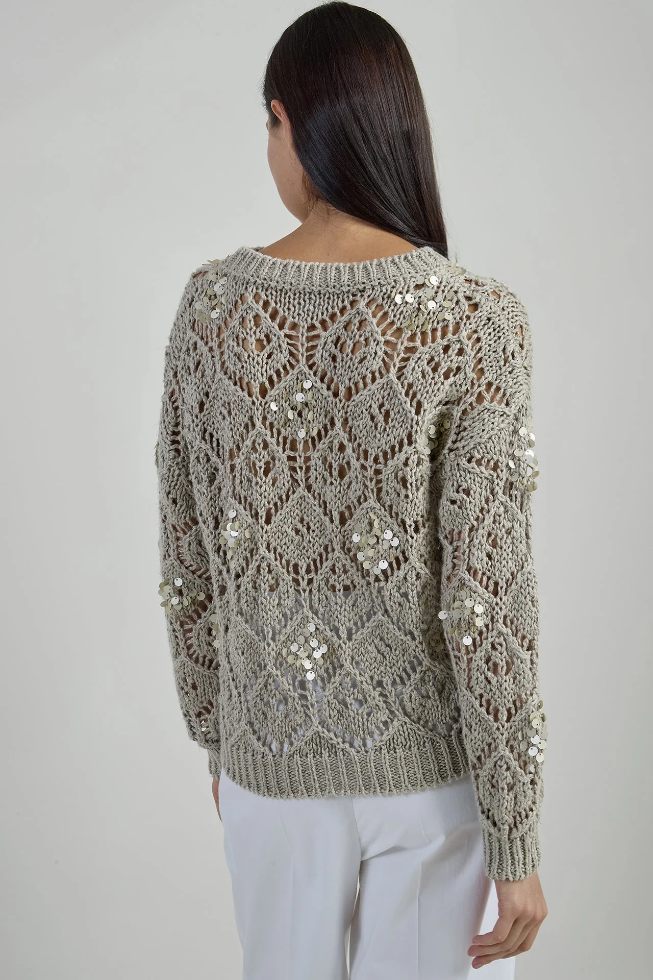 Women's Crew Neck Linen Sweater with Hand-Sewn Sequins | Eleventy - Image 3