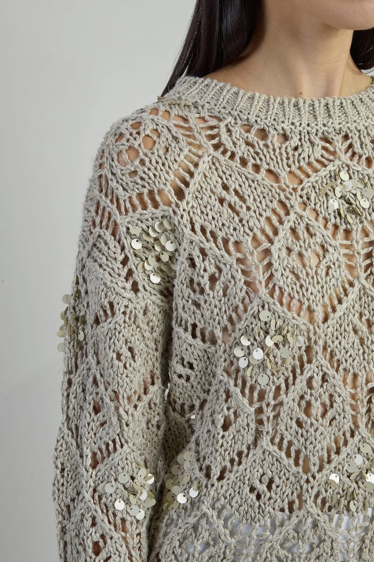 Women's Crew Neck Linen Sweater with Hand-Sewn Sequins | Eleventy - Image 4
