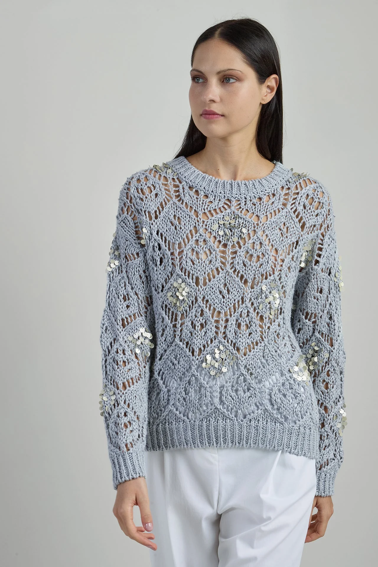 Women's Crew Neck Linen Sweater with Hand-Sewn Sequins | Eleventy - Image 6