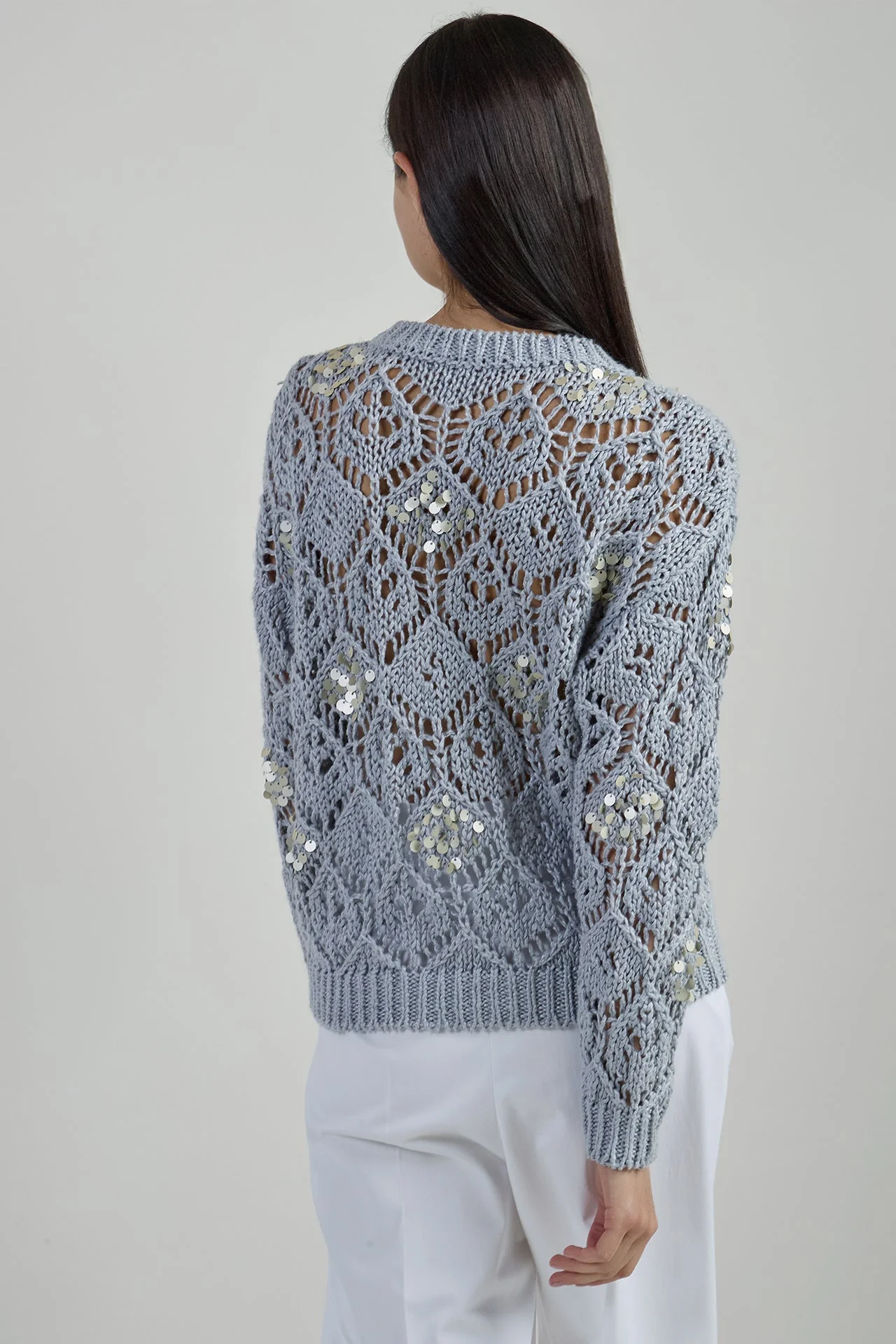 Women's Crew Neck Linen Sweater with Hand-Sewn Sequins | Eleventy - Image 7