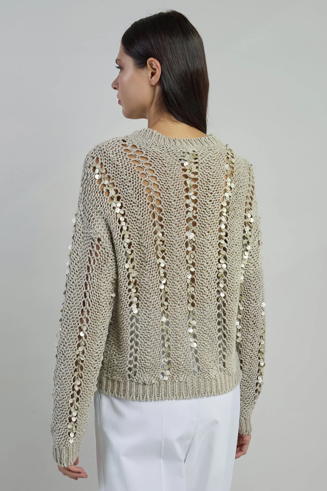 Women's Crew Neck Linen Sweater with Sequins | Eleventy - Image 3
