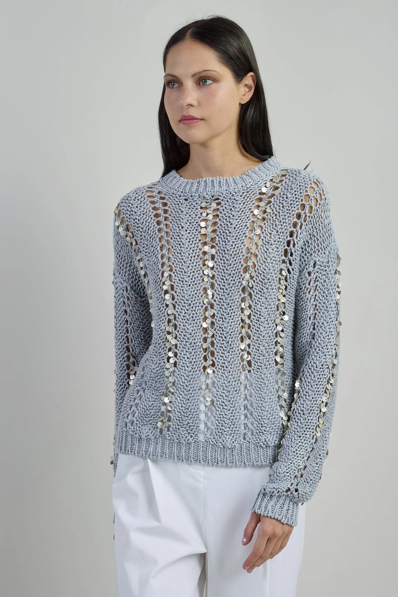 Women's Crew Neck Linen Sweater with Sequins | Eleventy - Image 6