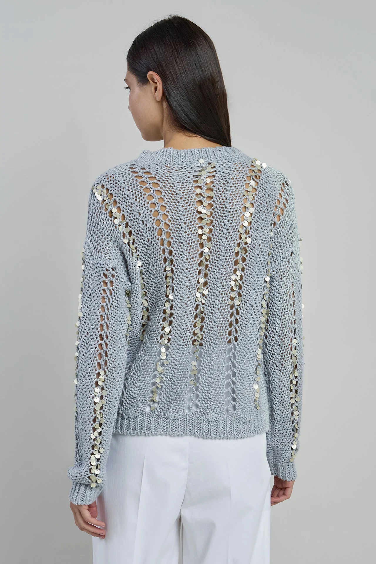 Women's Crew Neck Linen Sweater with Sequins | Eleventy - Image 7