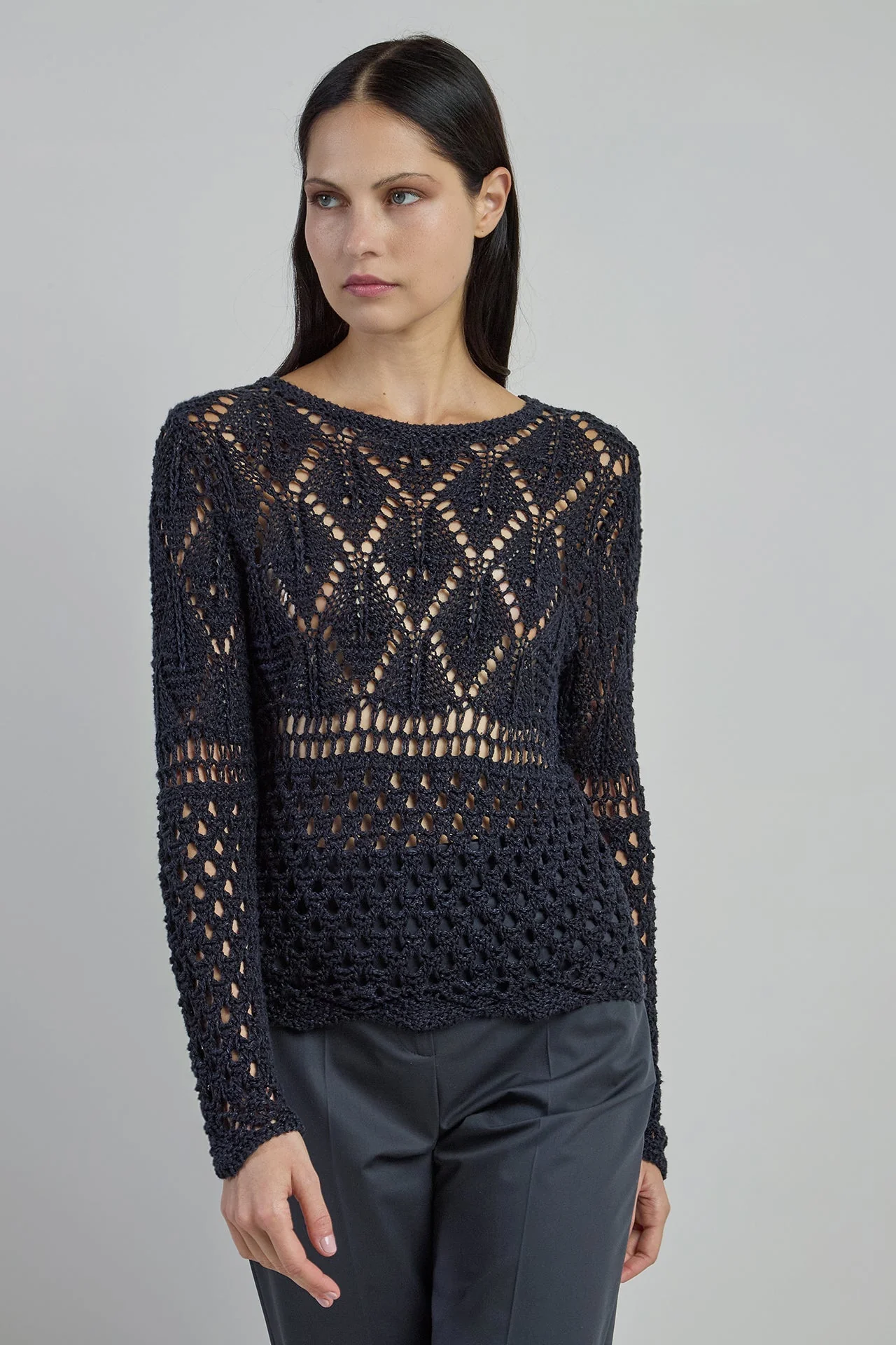 Women's Crew Neck Linen and Silk Micro-Bouclé Sweater | Eleventy - Image 2