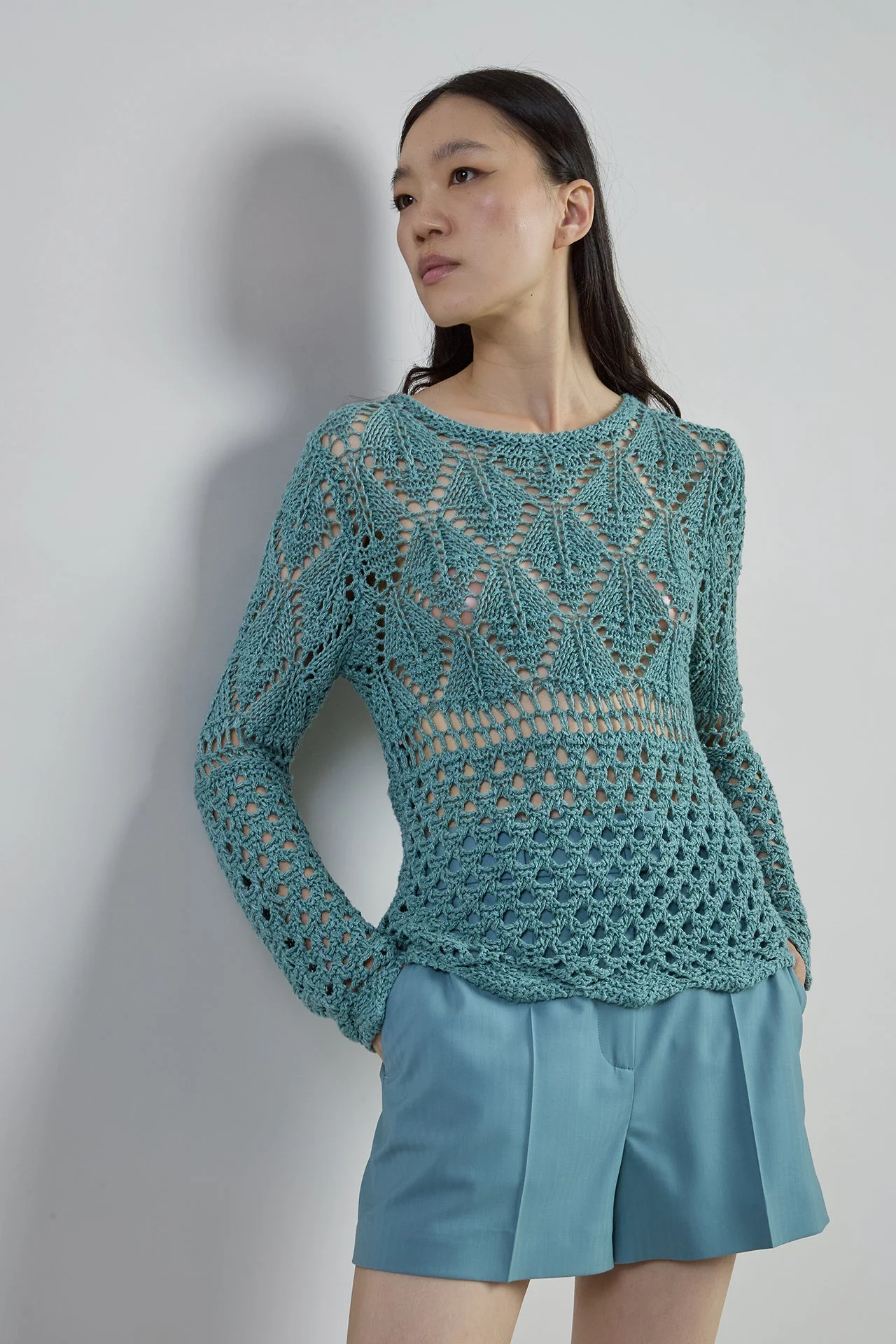 Women's Crew Neck Linen and Silk Micro-Bouclé Sweater | Eleventy - Image 6