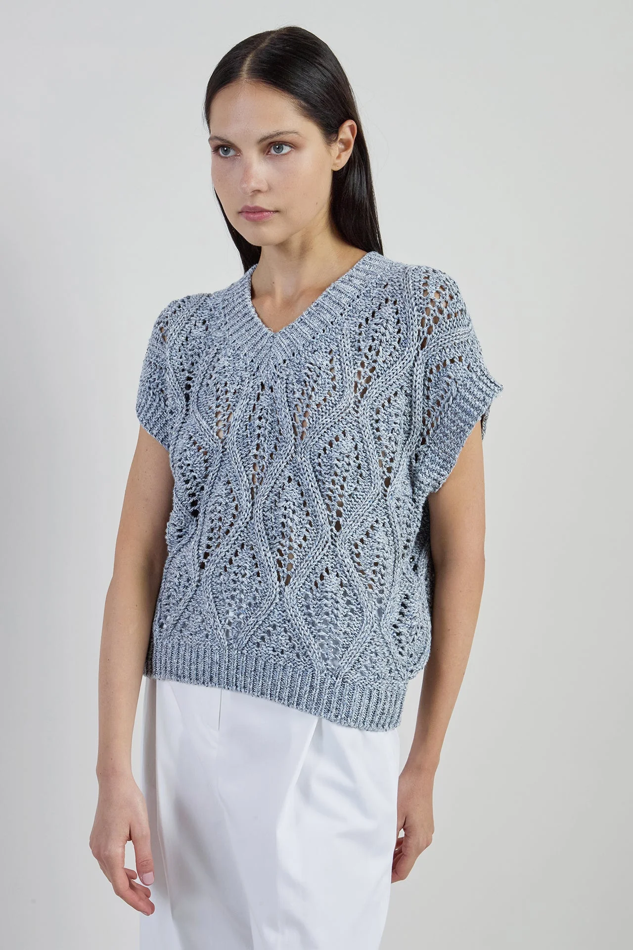 Women's V-Neck Cotton and Linen Sweater with Sequins | Eleventy - Image 2