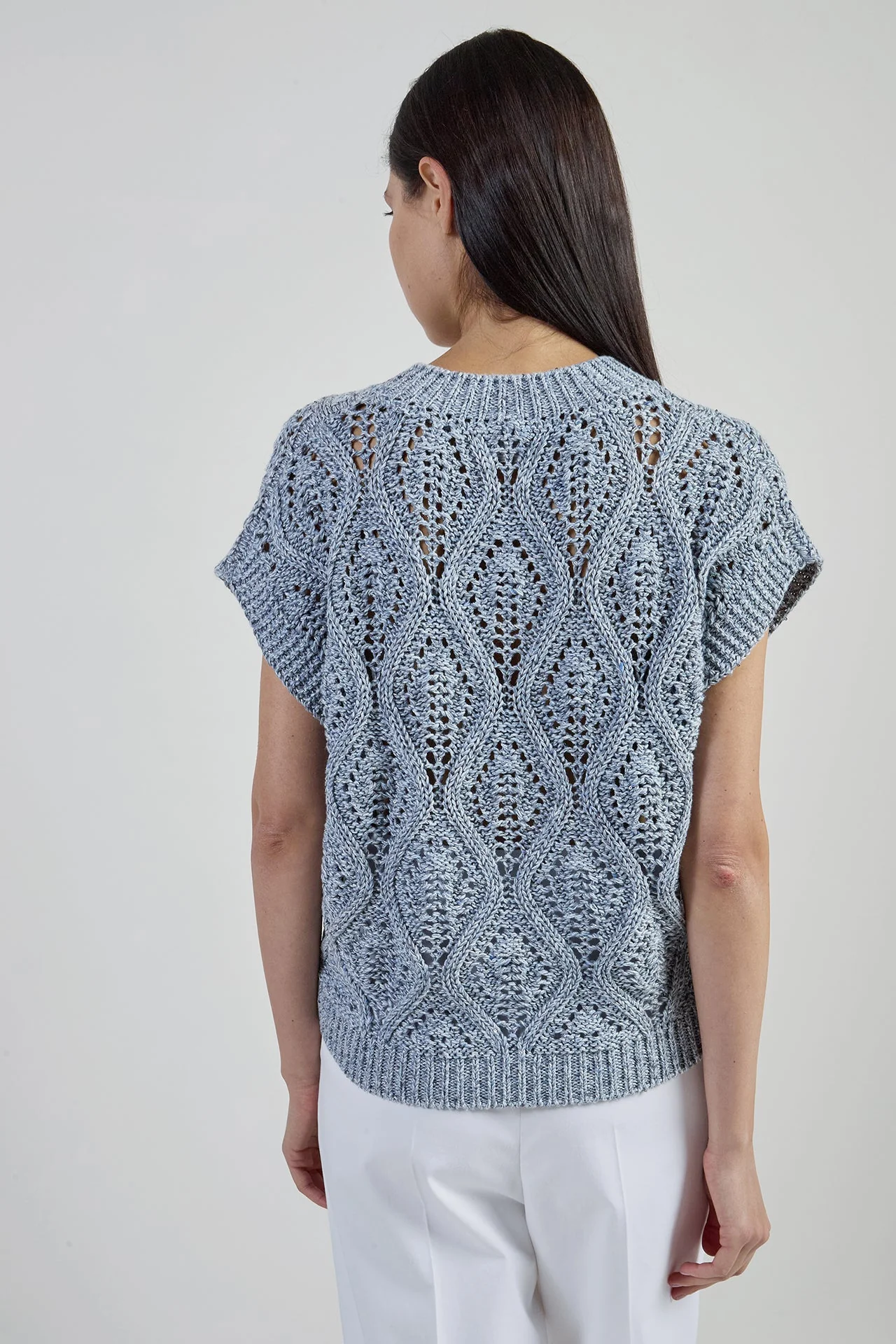 Women's V-Neck Cotton and Linen Sweater with Sequins | Eleventy - Image 3