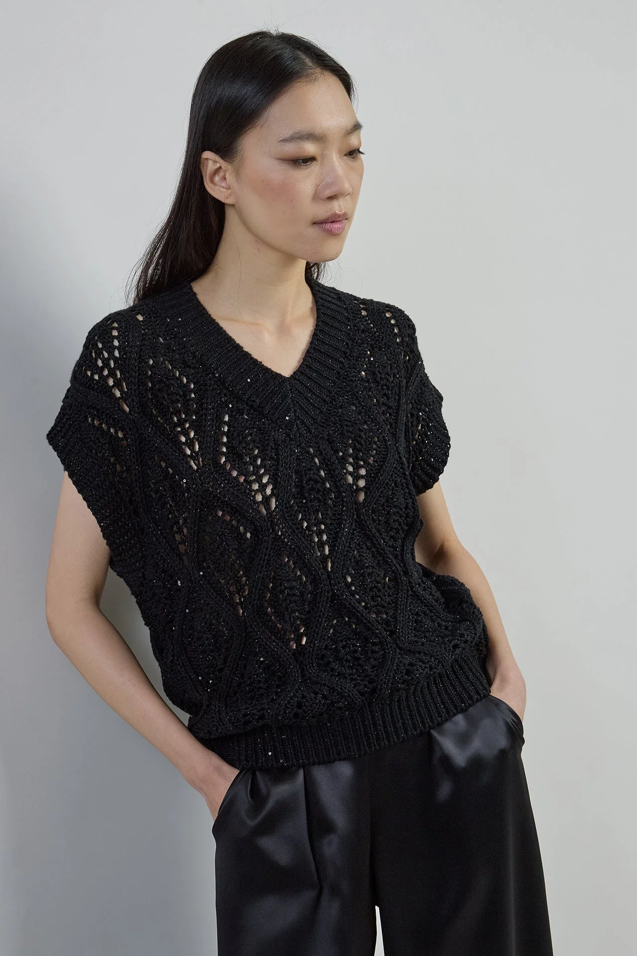 Women's V-Neck Cotton and Linen Sweater with Sequins | Eleventy - Image 6