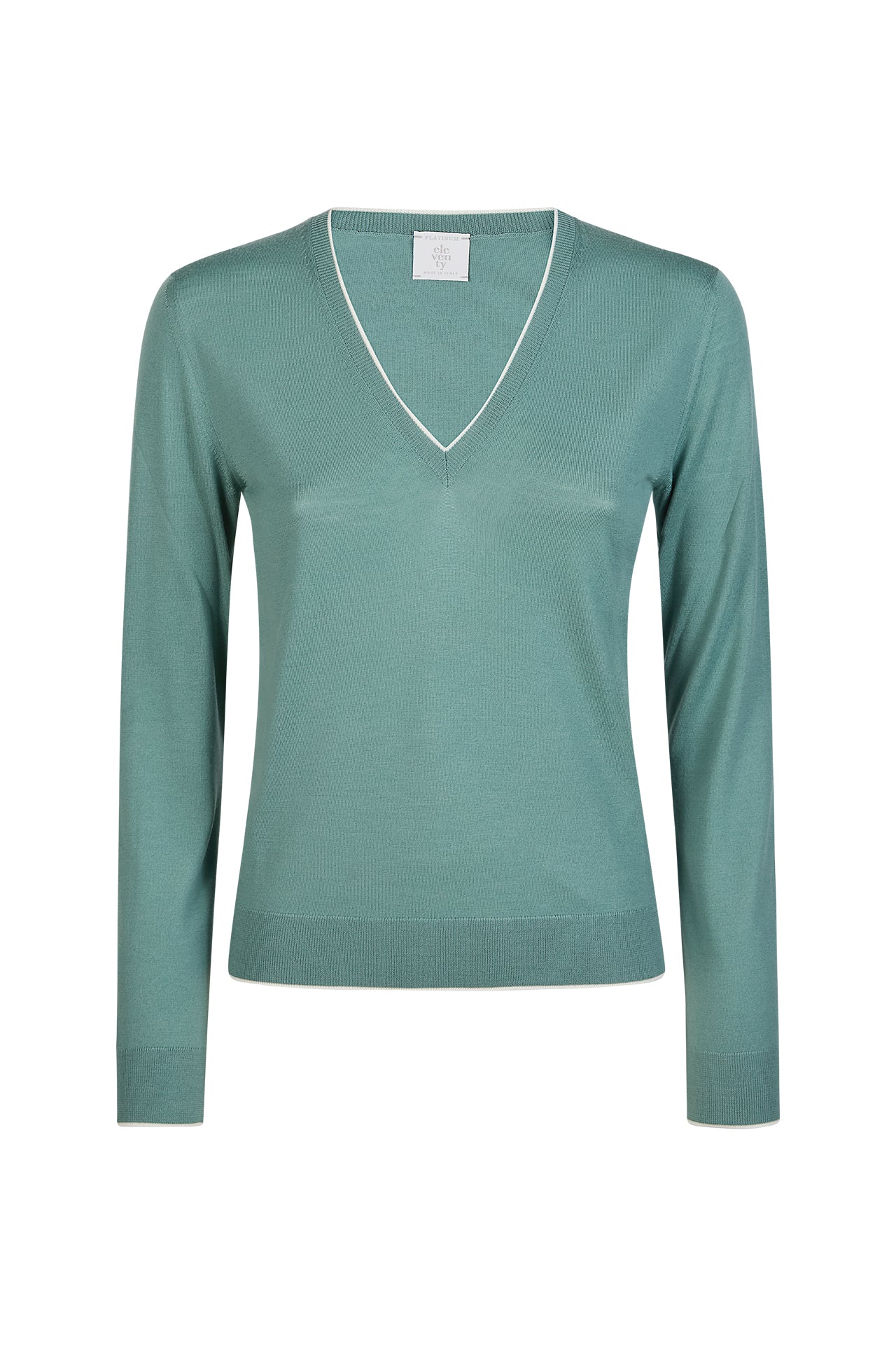 Women's 14 Micron Wool V-Neck Sweater with Contrast | Eleventy