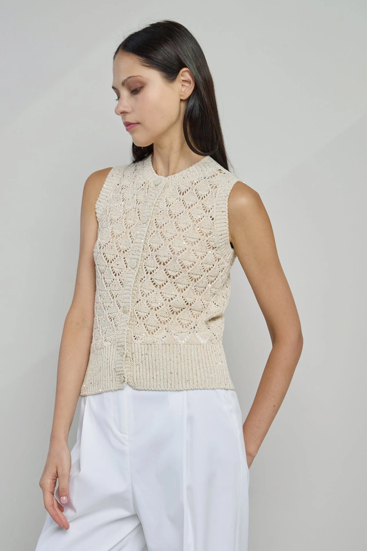 Women's Cotton Linen Sleeveless Cardigan with Sequins | Eleventy - Image 2