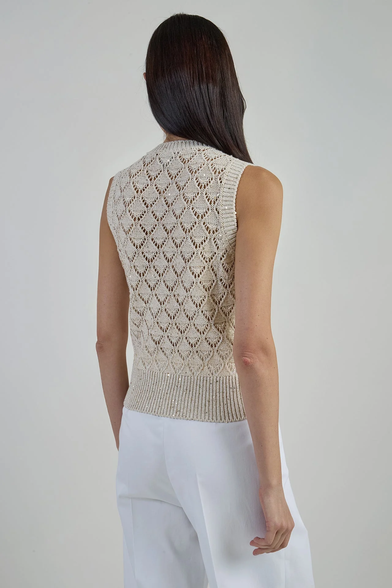 Women's Cotton Linen Sleeveless Cardigan with Sequins | Eleventy - Image 3