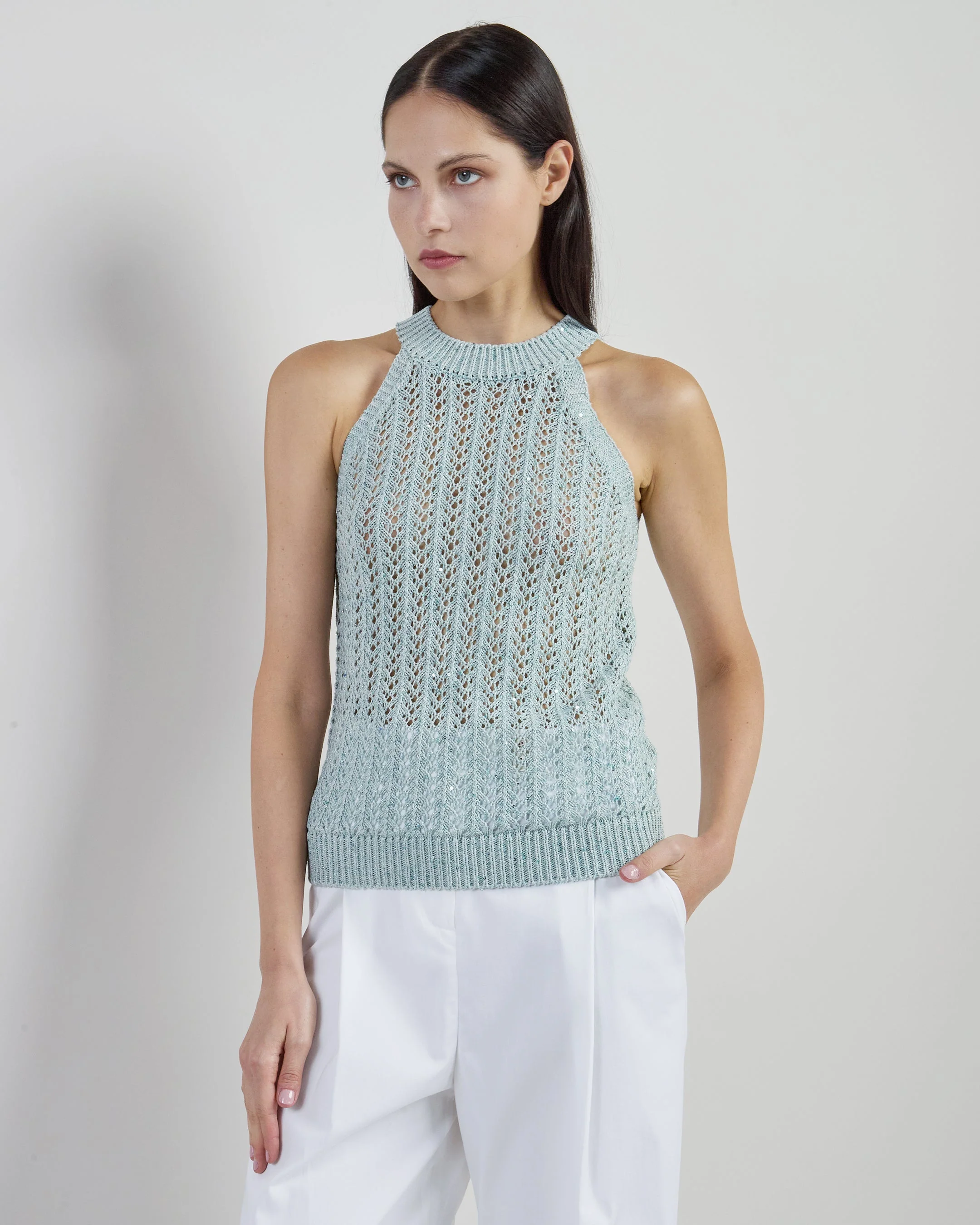 Women's Cotton and Linen Sleeveless Sequin Sweater | Eleventy - Image 2